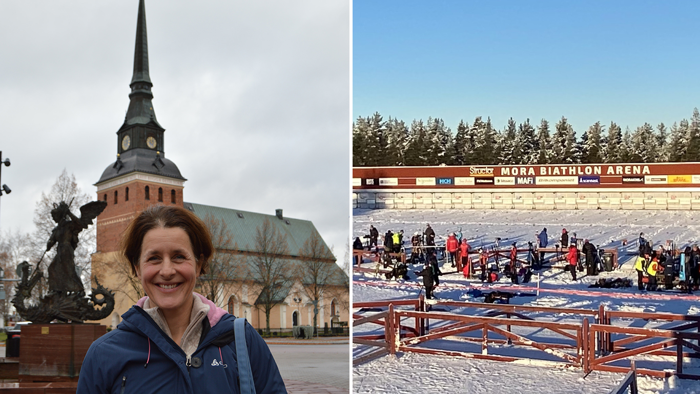 Collage: Uschi Disl och Mora Biathlon arena