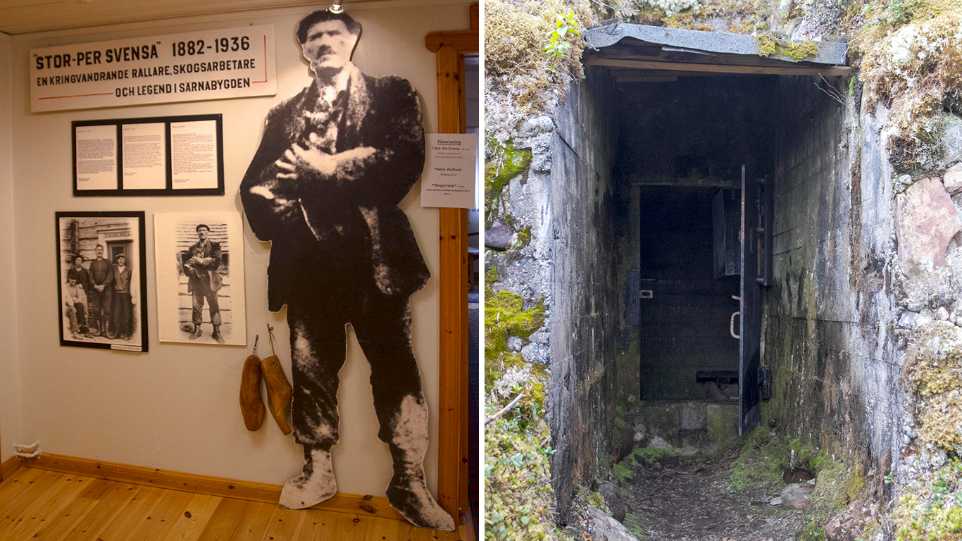 Collage: En pappfigur med informationsskylt i museimiljö, en dörr till ett skyddsrum i en bergvägg.