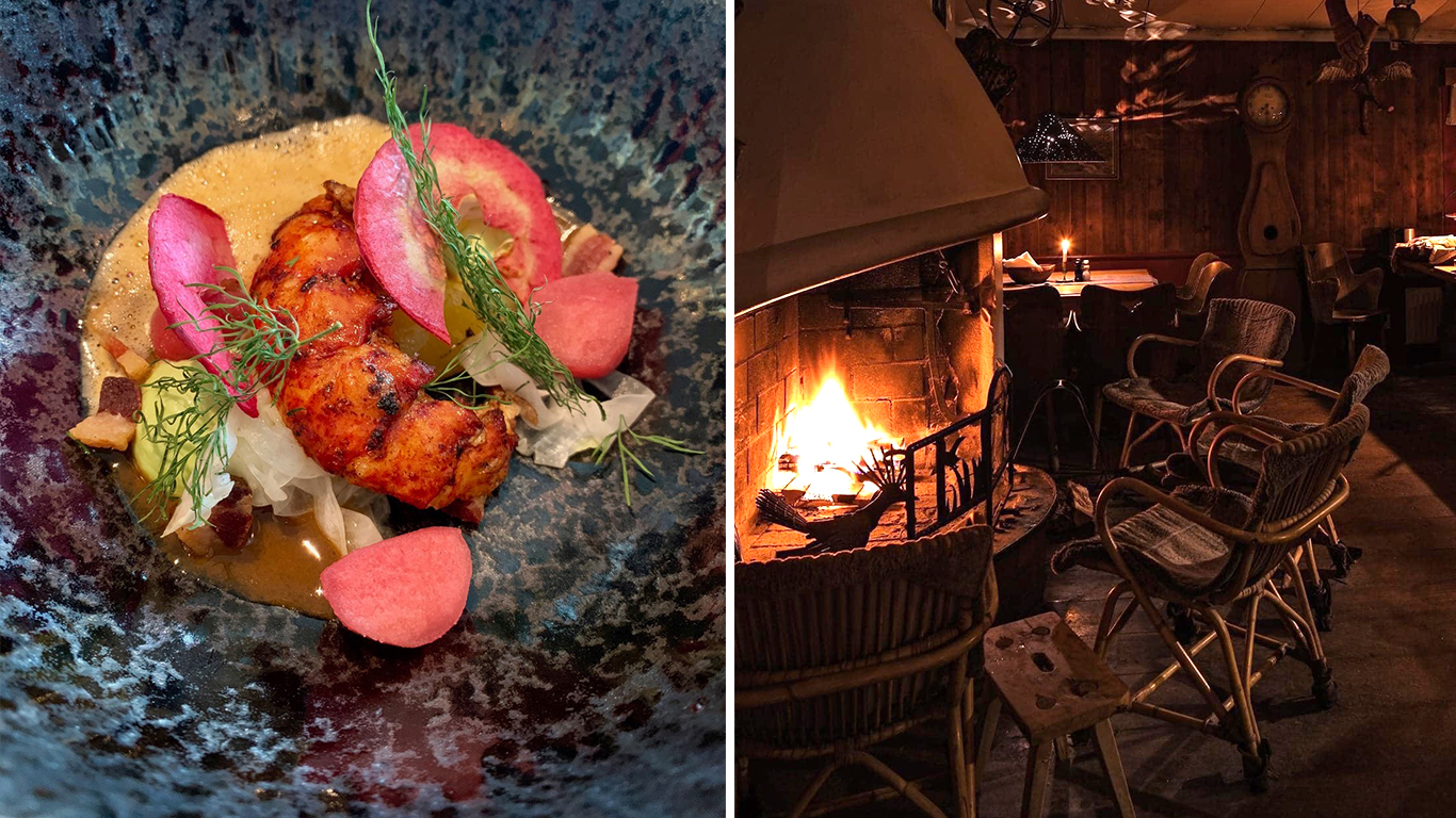 Collage: En vacker tallrik mat och en brasa i öppen spis.