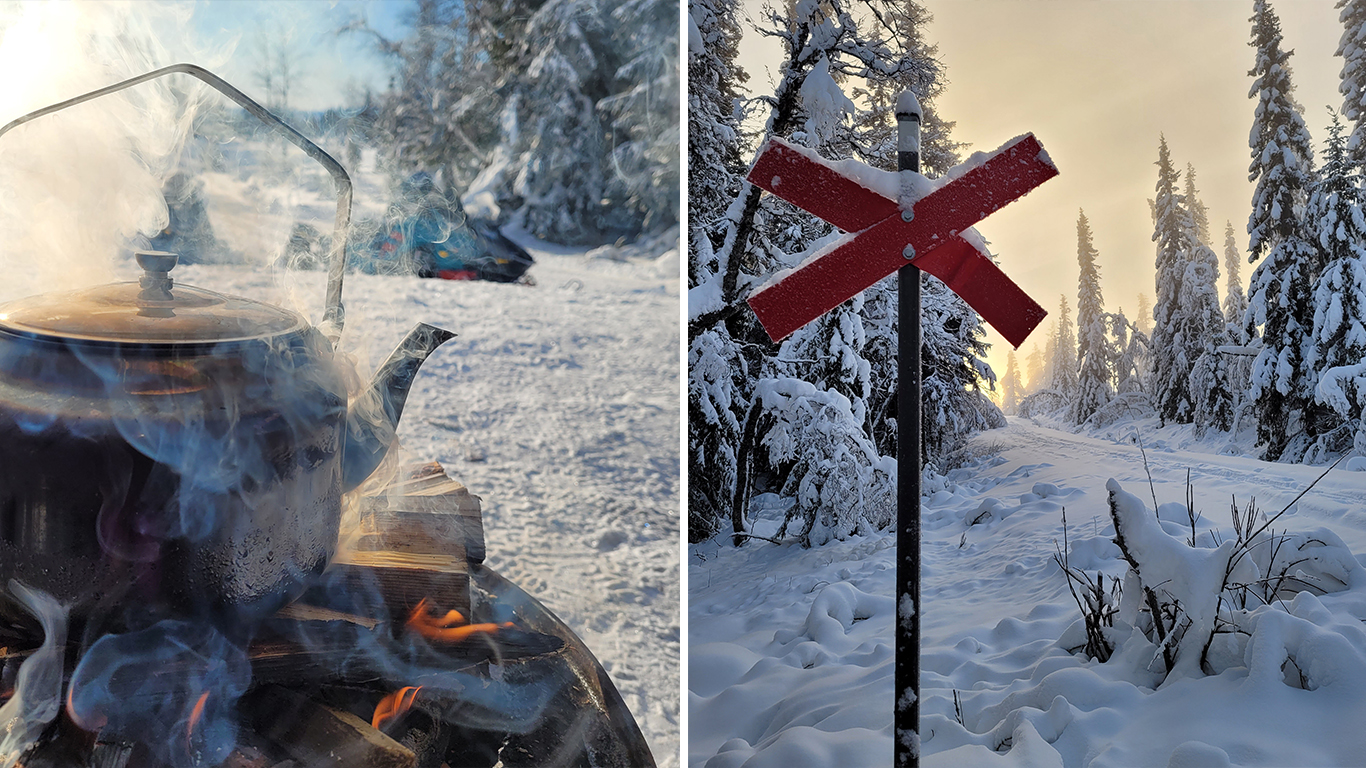 Collage: Kokkaffe över öppen eld och kryssled i vinterskog.