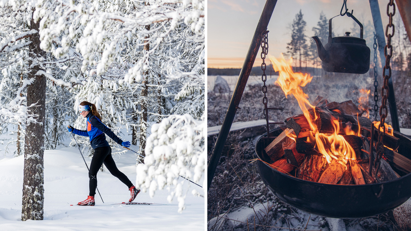 Collage: En skidåkare och kaffe kokas över öppen eld.