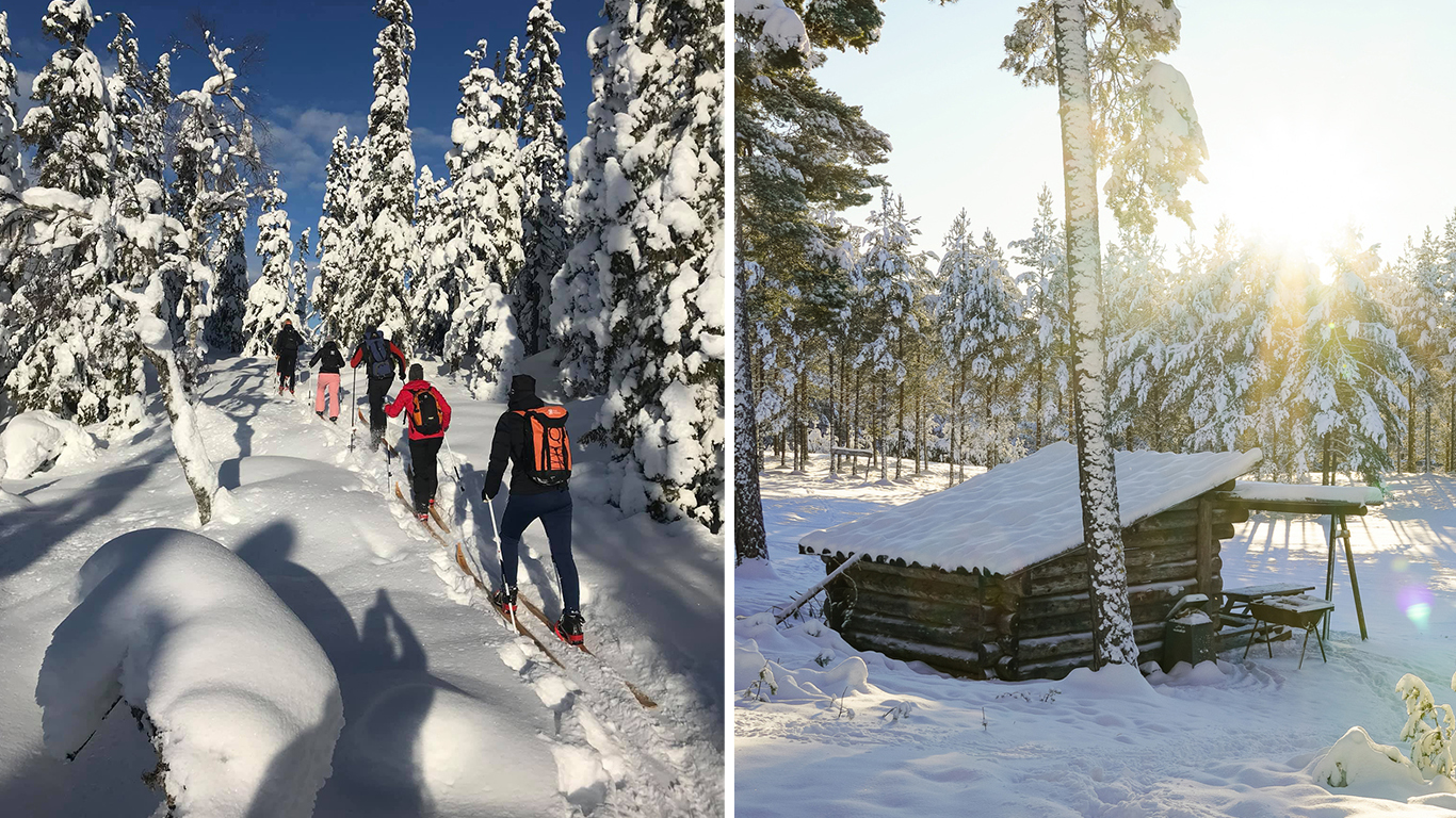 Collage: Flera personer går på skidor i djup snö och en slogbod i solen.