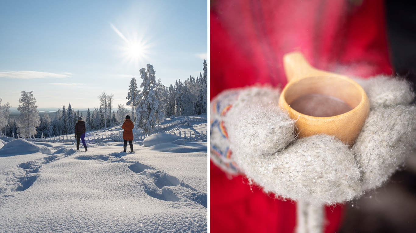Collage: Två personer på snöskor och två händer med vantar som håller en kåsa med varm dryck.