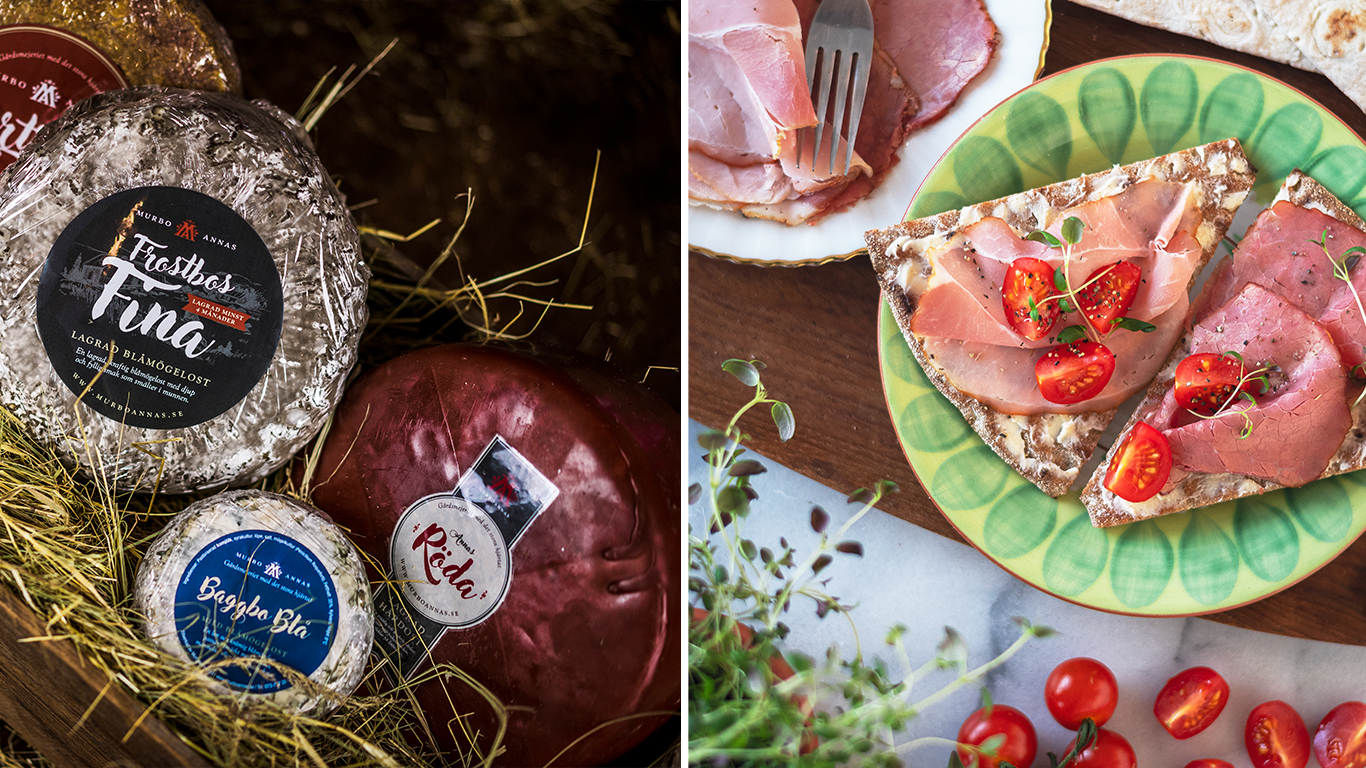 Collage: Runda inslagna ostar och hårt bröd med skinka på.