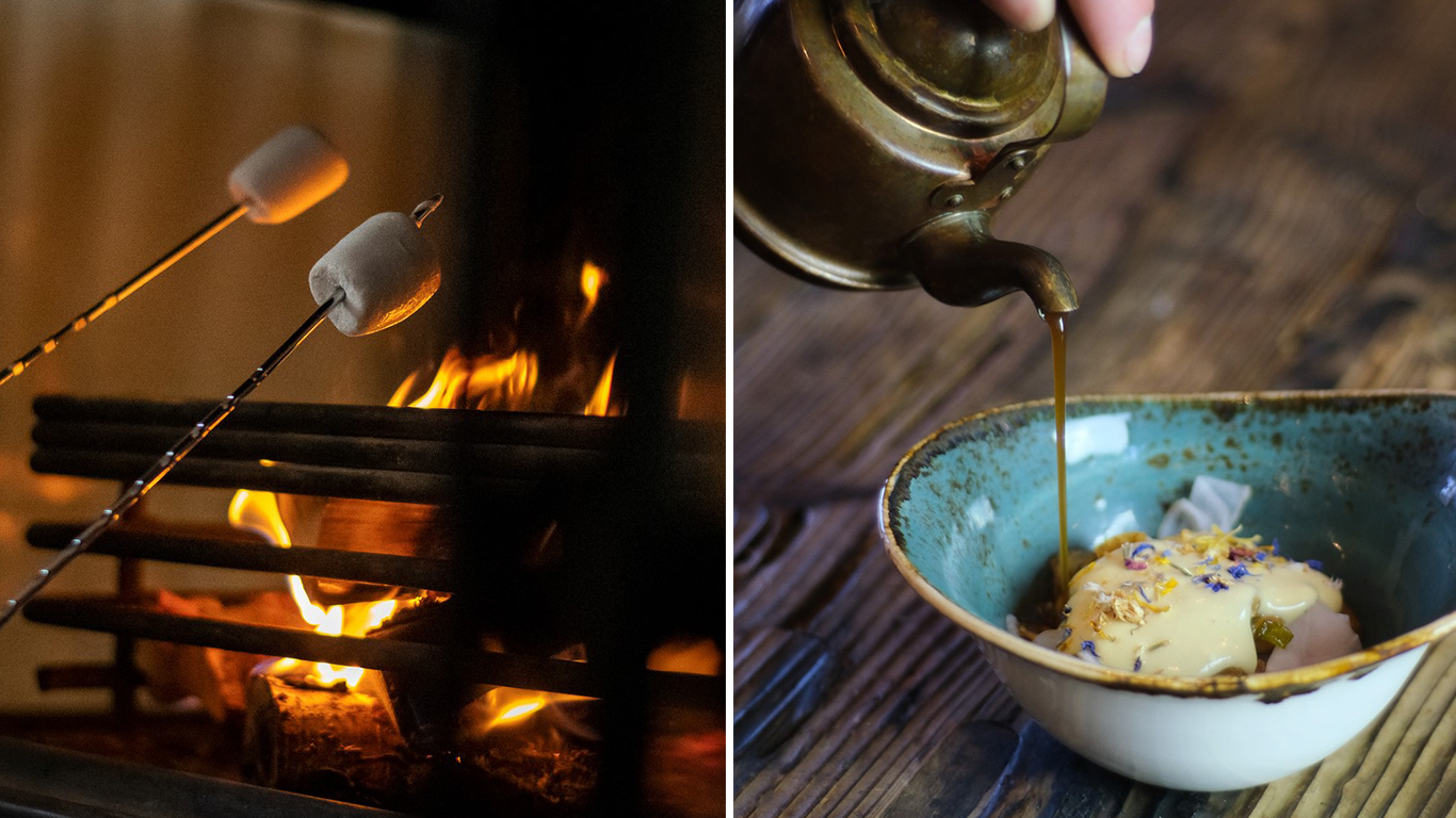 Collage: Marshmallows grillas vid en brasa och kolasås hälls över en dessert.