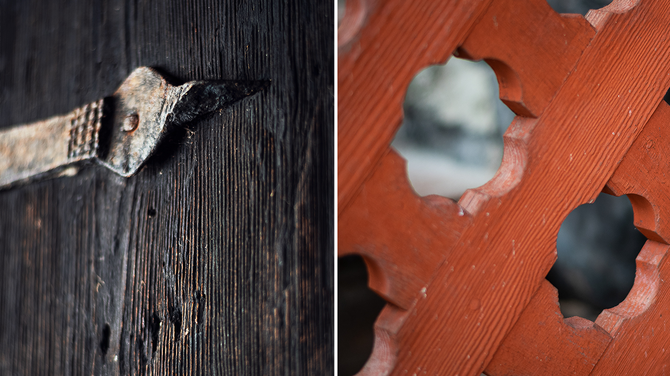 Collage: Smidesdetalj och utskurna symboler.