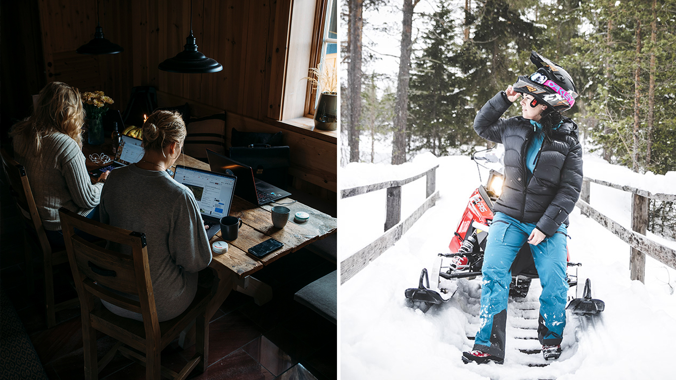 Collage: Två kvinnor skriver på sina datorer vid ett bord, en kvinna står framför en skoter i snöigt landskap.