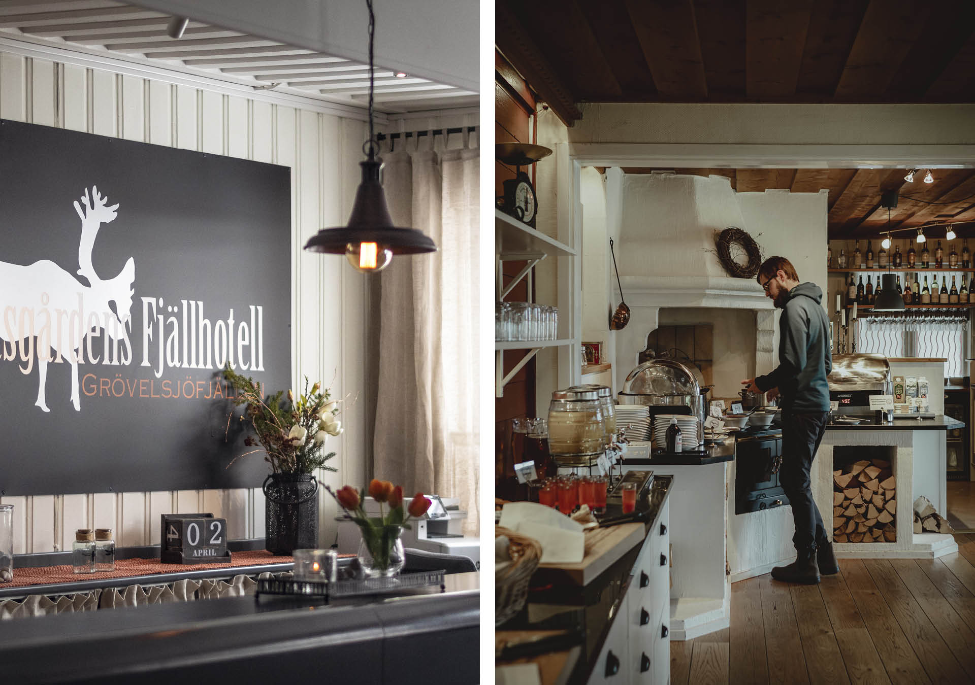 Lövåsgårdens Fjällhotells reception och mysigt kök med vedspis.