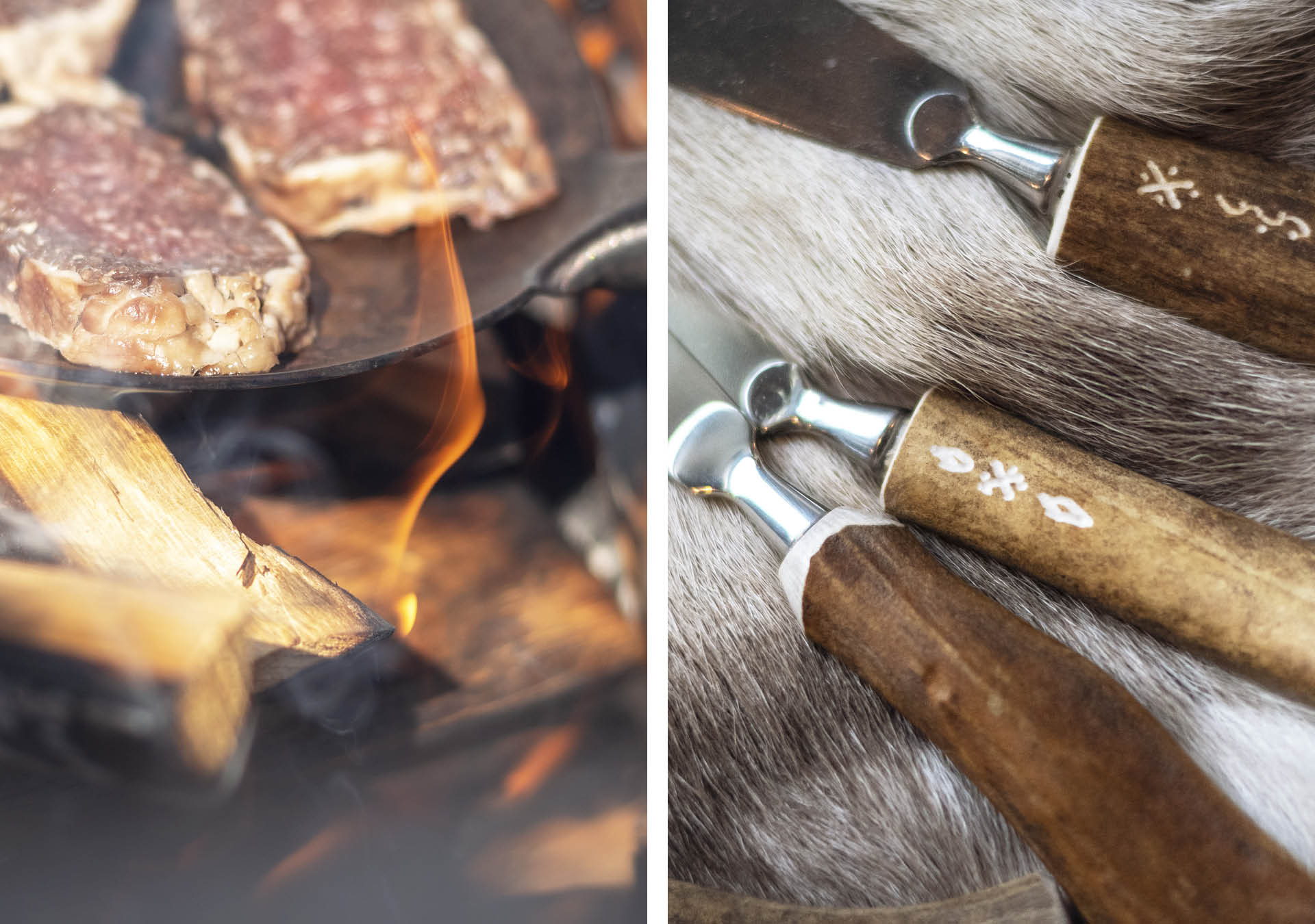 Härliga mackor tillagas över öppen eld. Knivskaft gjorda av renhorn ligger på renfäll.