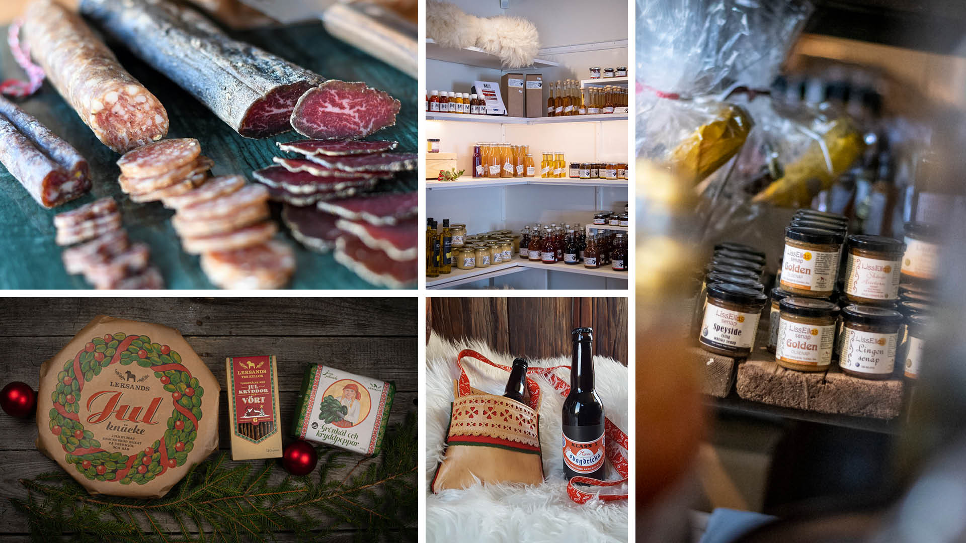 Collage med olika matprodukter från Dalarna: korv, senap, sylt, marmelad och knäckebröd.