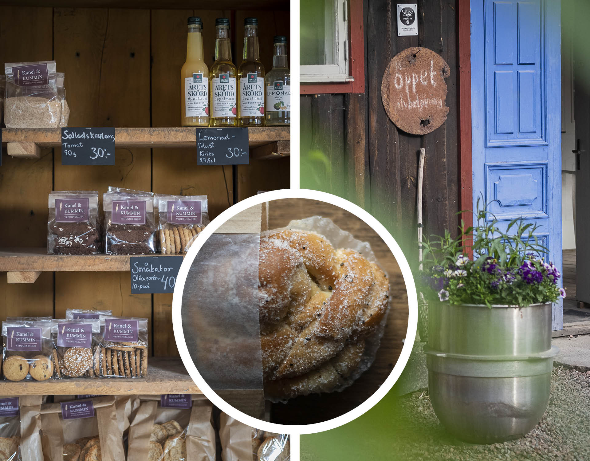 Butikshylla fylld med kakpåsar samt äppelmust. Sockrad bulle. Entré till gårdsbutiken.