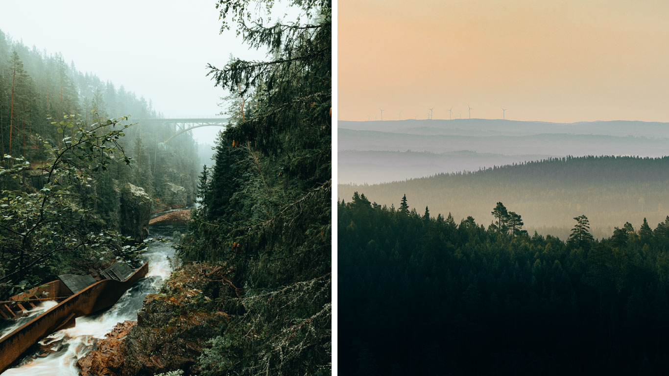 Bildkollage på Helvetesfallet och Utsikt över en dimmig skog.