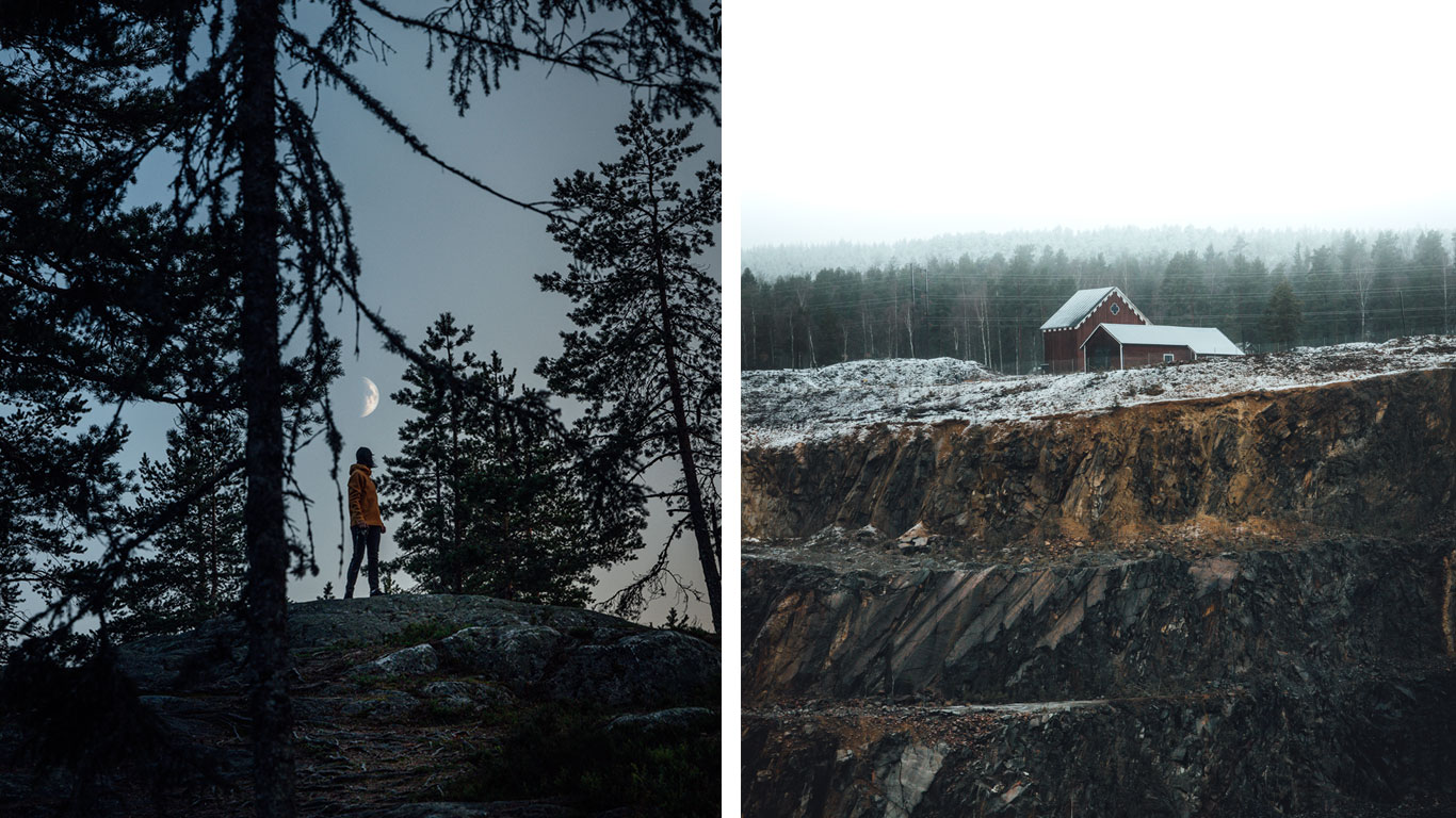 Bildkollage på en kille som står på en klippa och Falu Gruva.