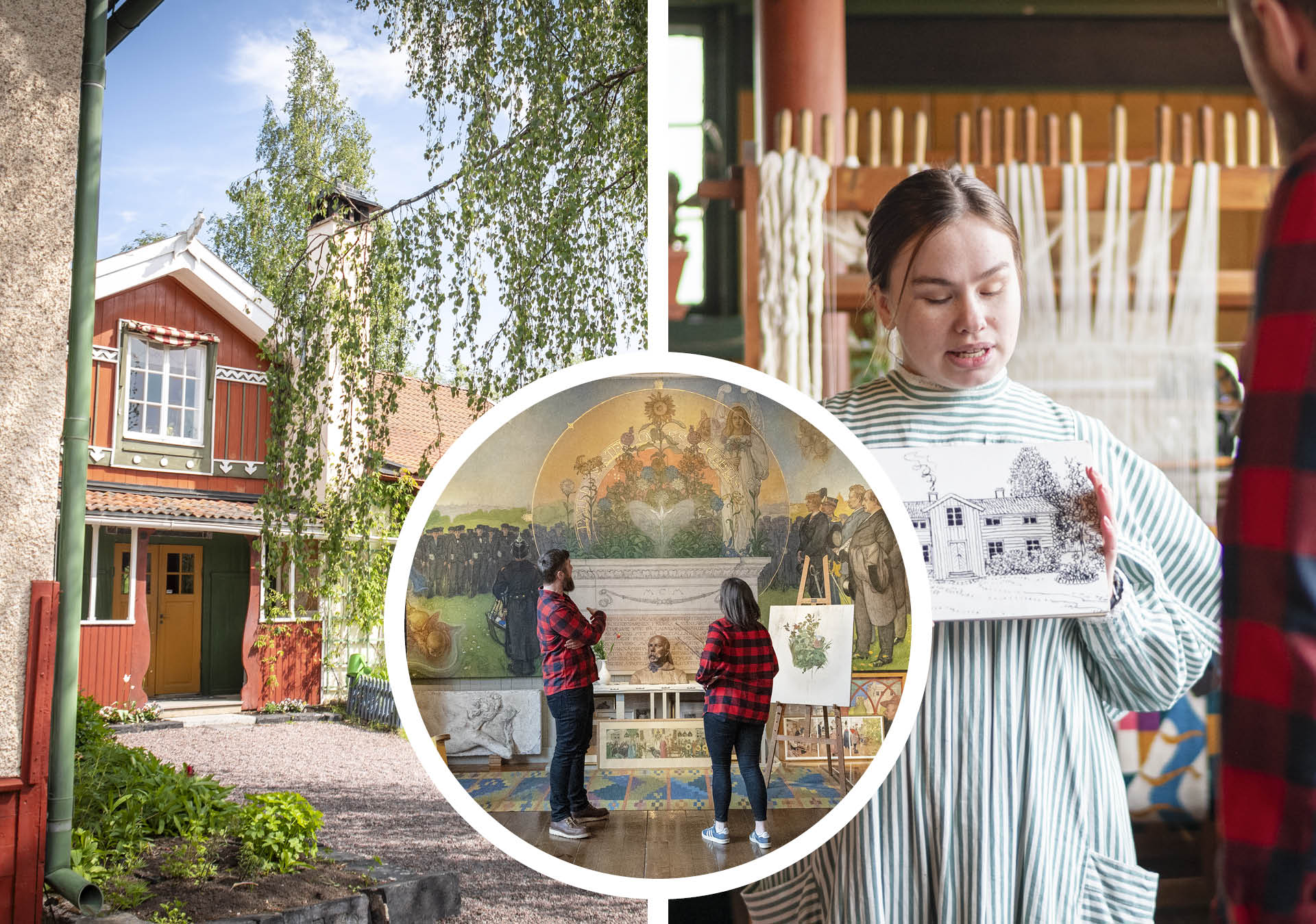 The Carl Larsson estate is shown by a guide and two people stand and admire the magnificent painting on the wall in his studio.