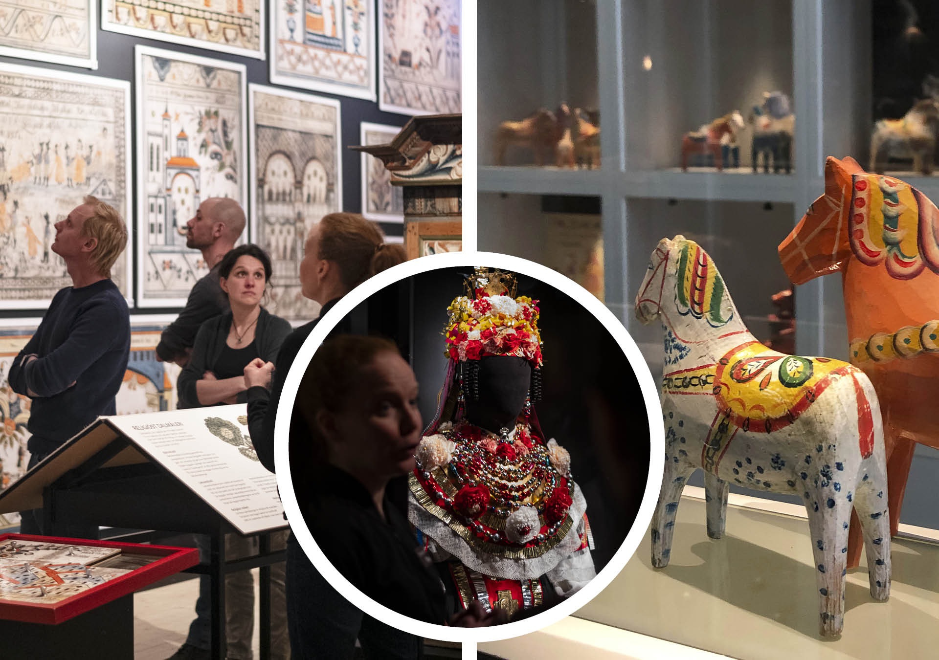 Exhibition at Dalarna Museum with Dalarna paintings, costumes and Dala horses.