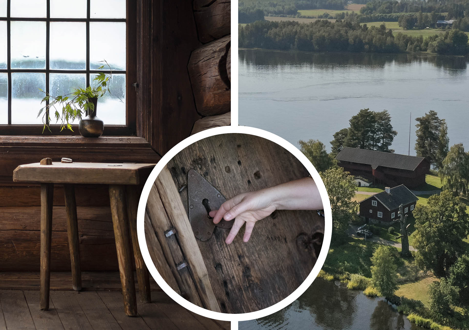 Interior with old logs and locks at Ornässtugan and exterior overlooking the beautiful location at Lake Ösjön.