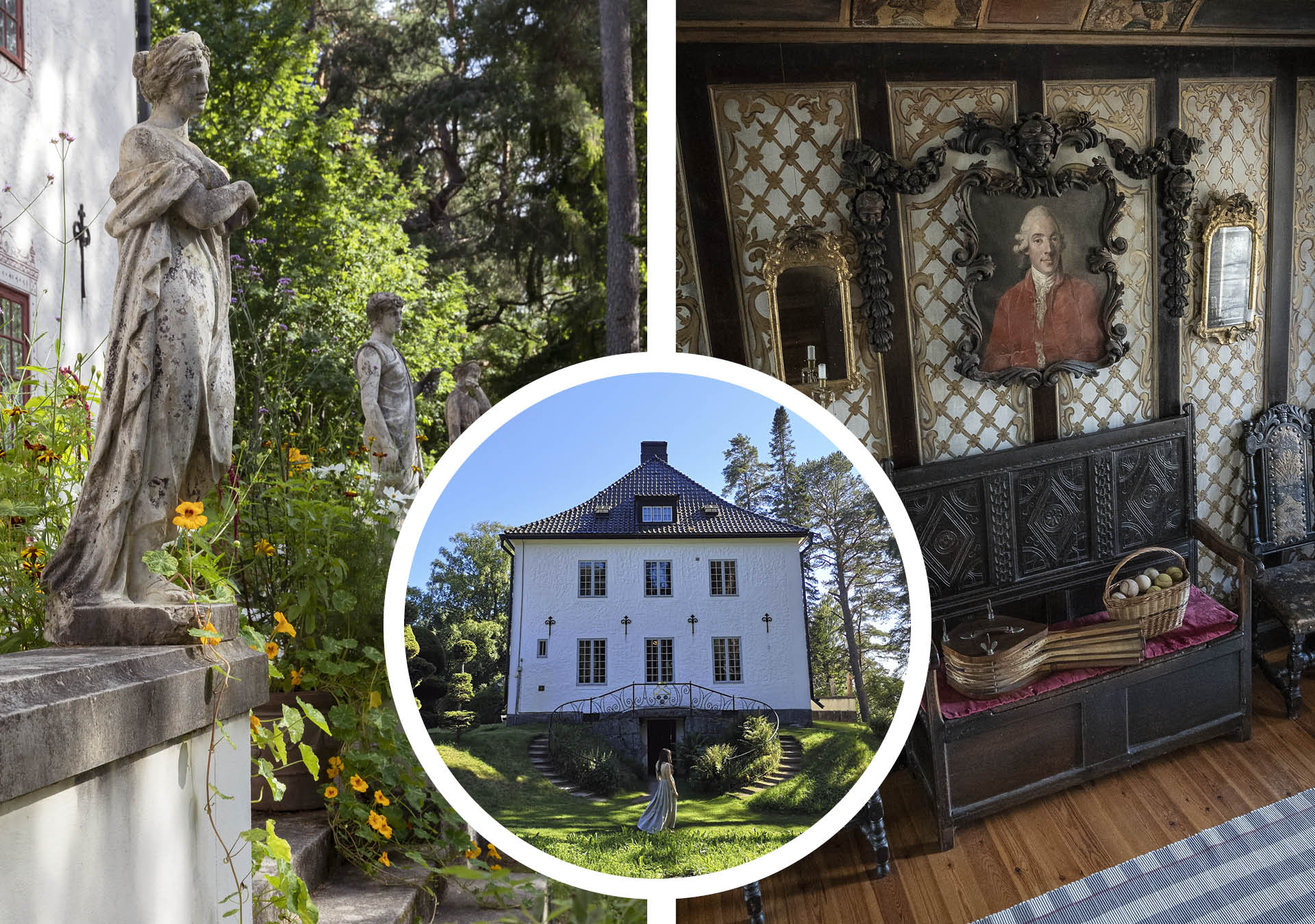 Statues in the ostentatious garden, a girl walking in front of the white building and dark heavy furniture inside the house.