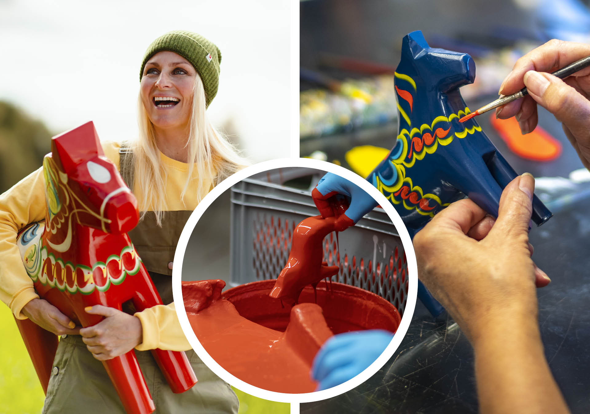 En tjej bär på en stor målad dalahäst, hästämnena doppas i grundfärgen röd och en säker hand målar en blå dalahäst. 