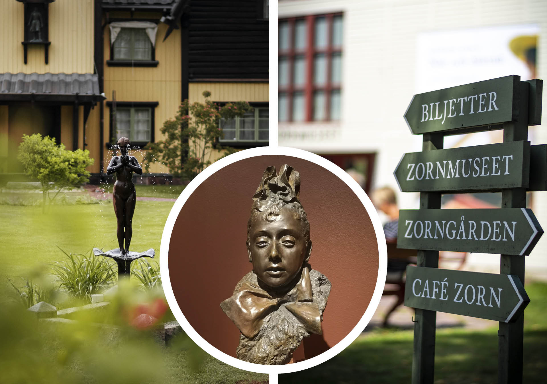 Staty utanför Zorngården samt gröna skyltar som visar vägen på gården.