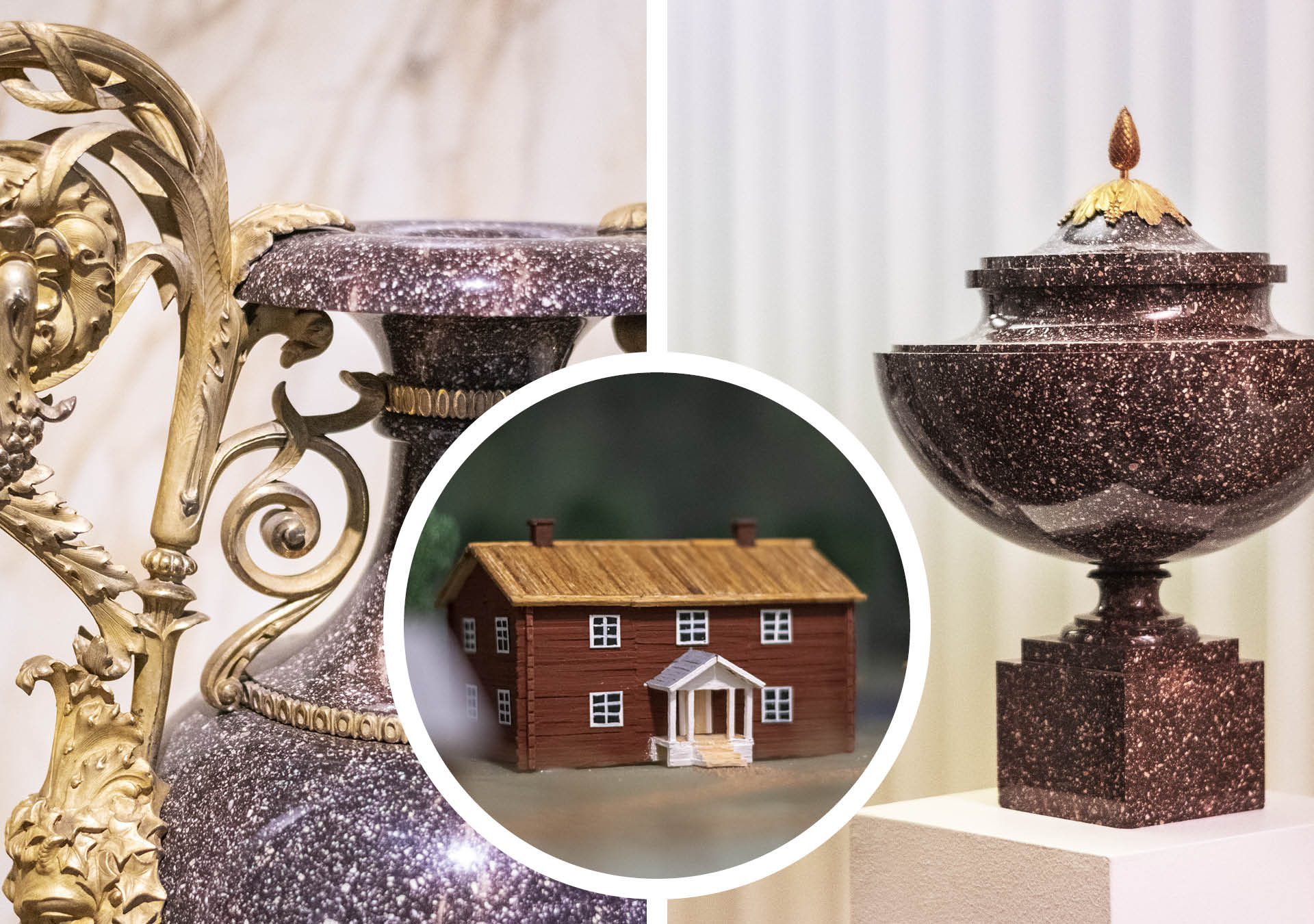 Beautiful vases and urns in porphyry that show Älvdal porphyry as world-class Swedish craftsmanship.