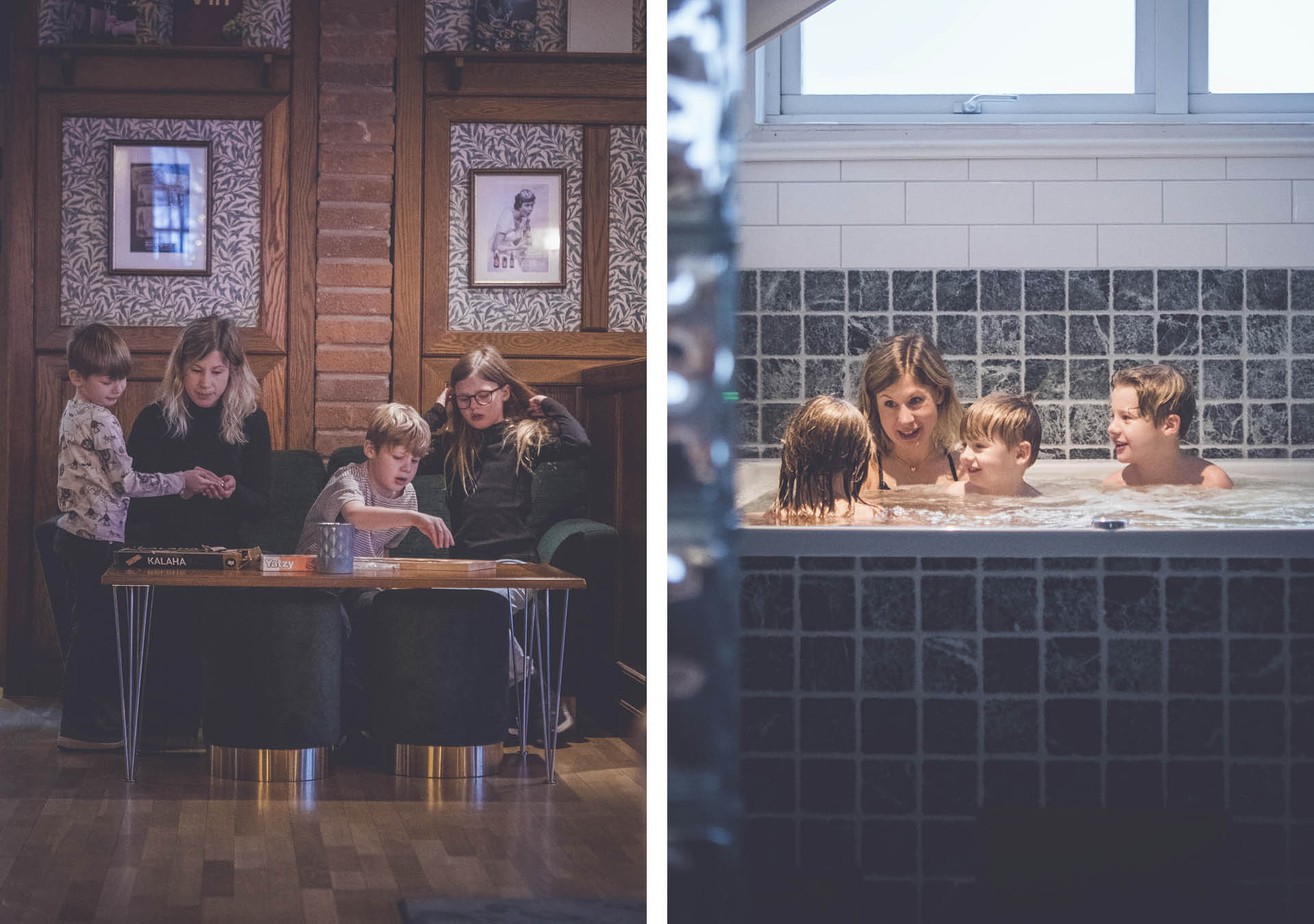 Familj som spelar spel och badar i ett spa.