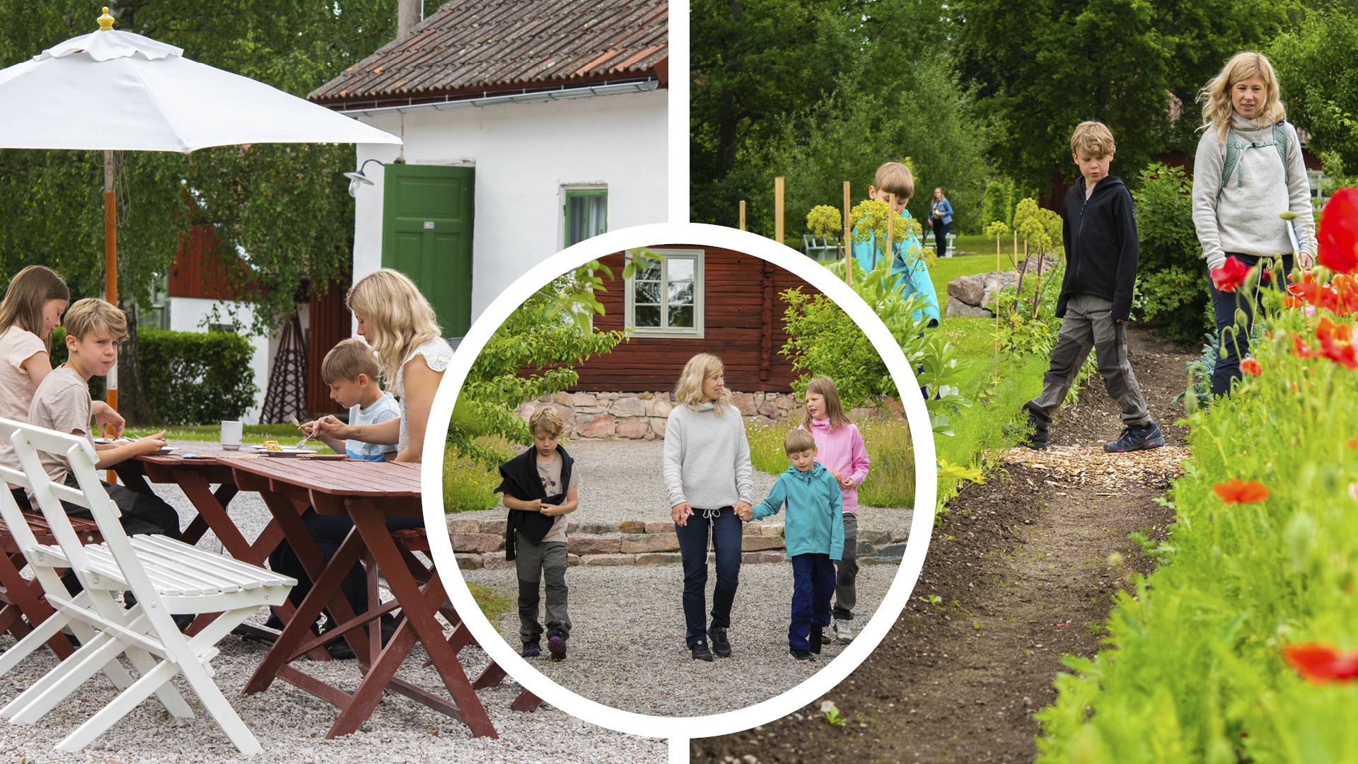 Familj som vikar och strosar runt på Stabers Bergsmansgård.