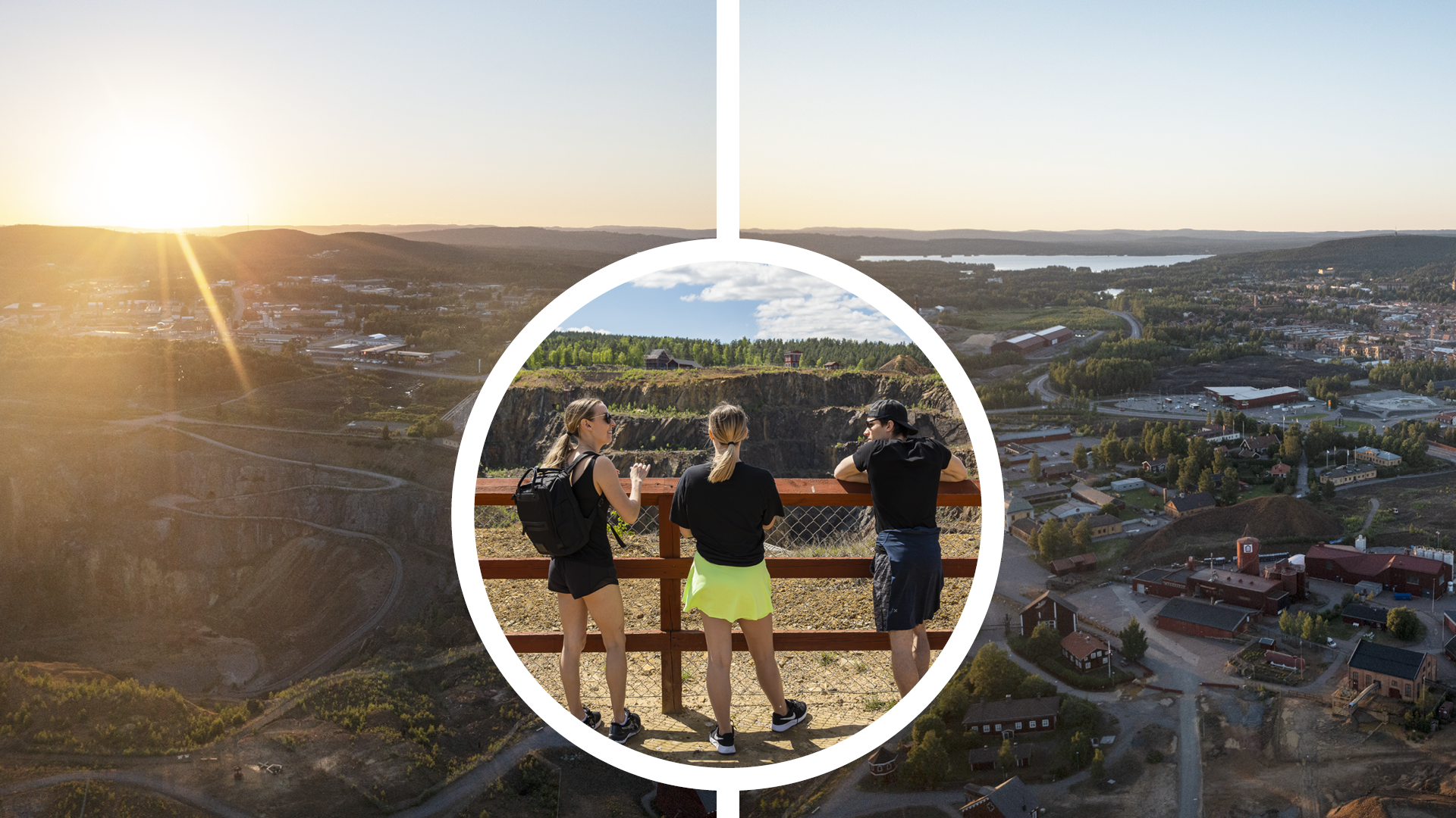 Tre bilder i med vy över Falu Gruva från ovan.