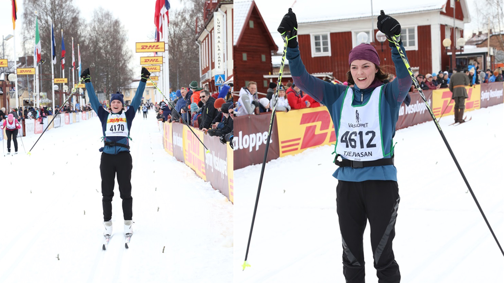 Systrarna Kallur går i mål på Vasaloppet.