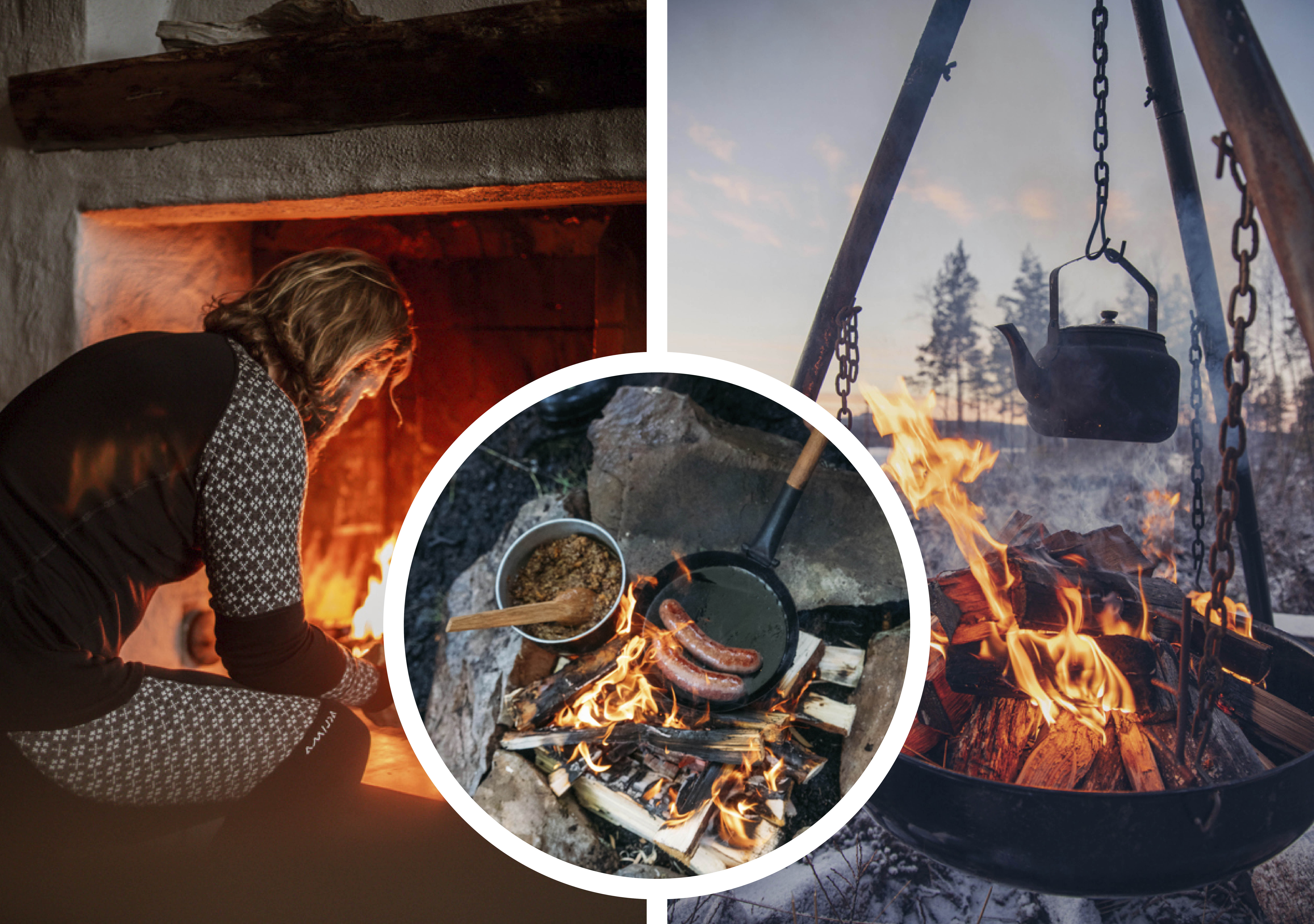 A man in front of a fireplace making food. Outdoor cooking with open fire with a catle for coffee.