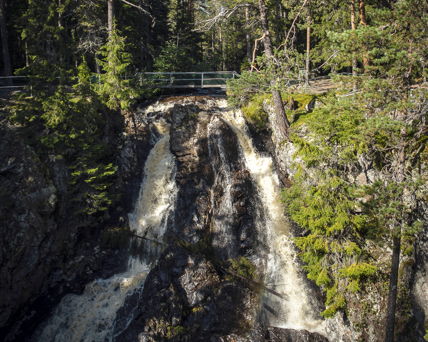 Ett 36 meter högt forsande vattenfall med gångbro över sommartid.