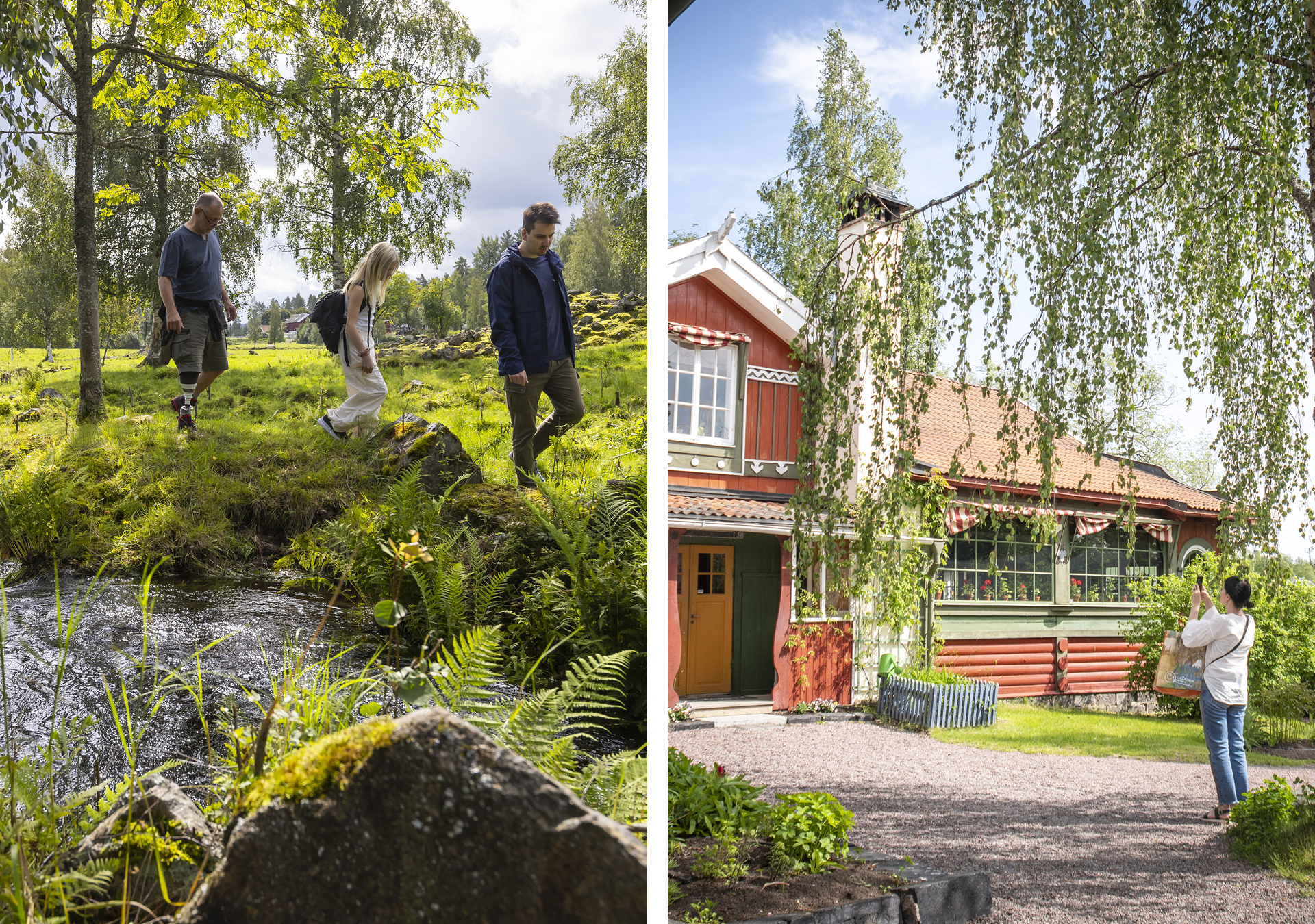 Tre vandrare längs en bäck vid Vattnets väg. Entrén till Carl Larsson-gården.