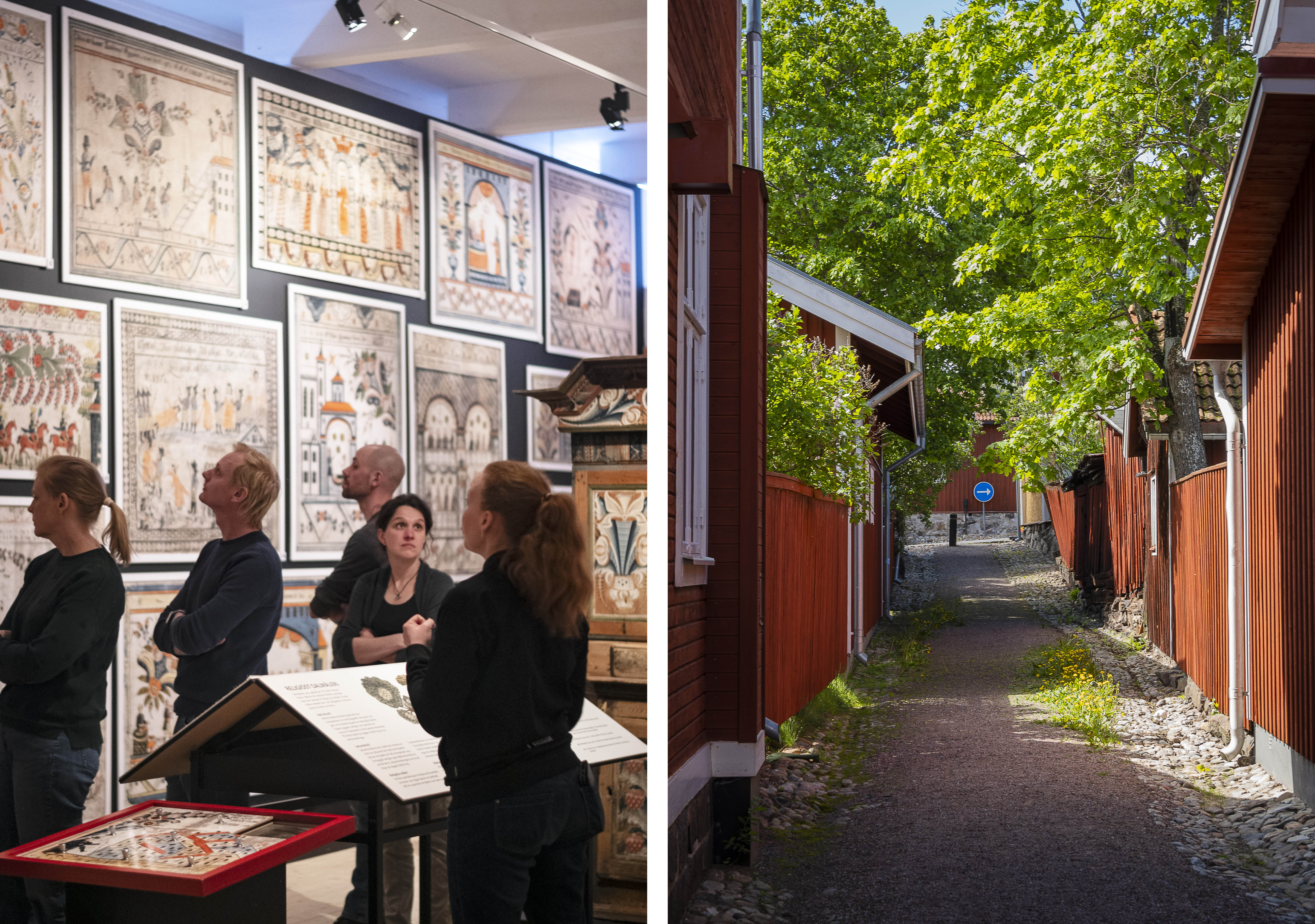 Utställning på Dalarnas museum i Världsarvet Falun. Trästaden Falun med trånga gränder bland rödmålade hus.