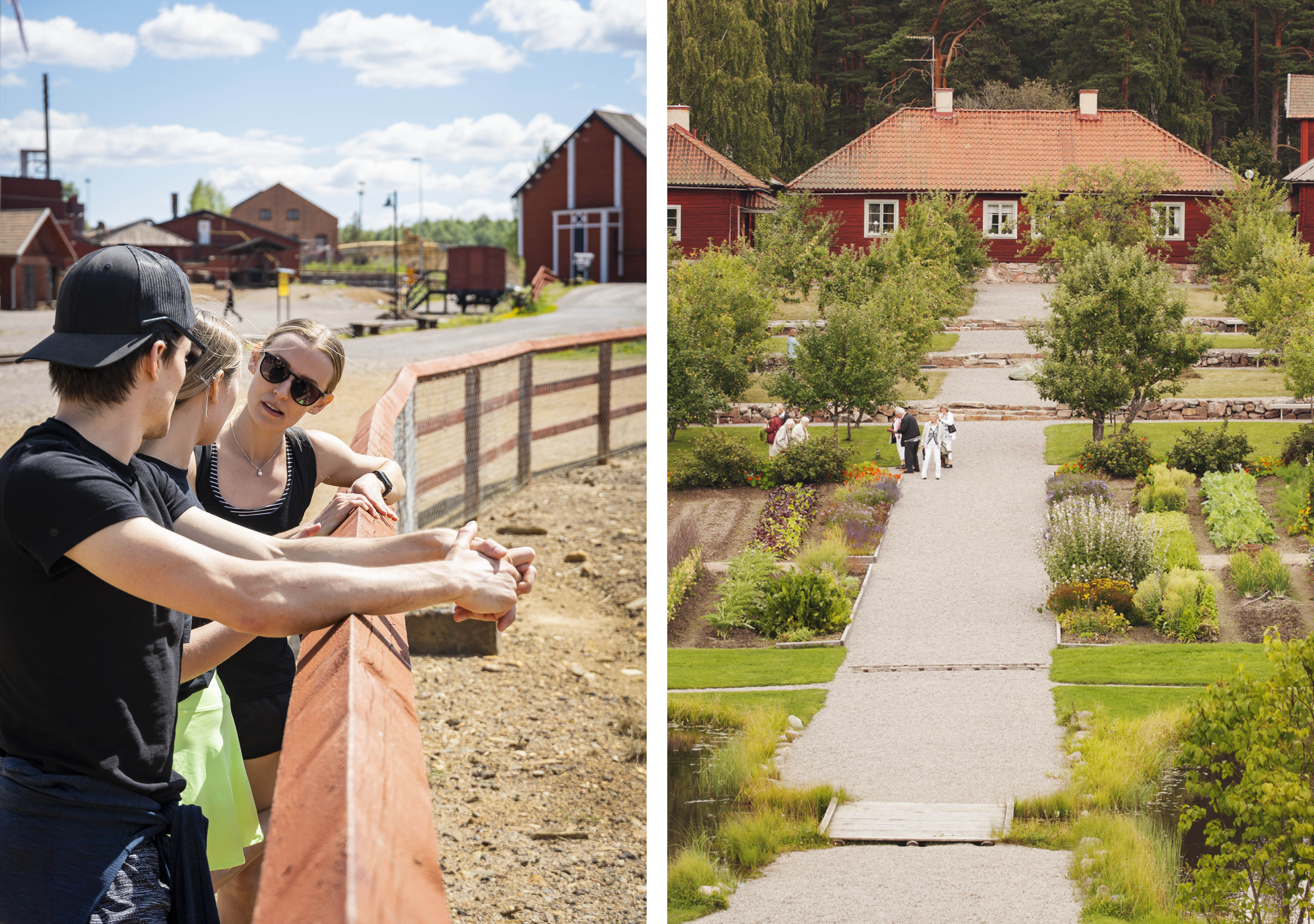 Besökare som står och tittar ut över Stora Stöten vid Falu Gruva. Vy över barockträdgården i Staberg.