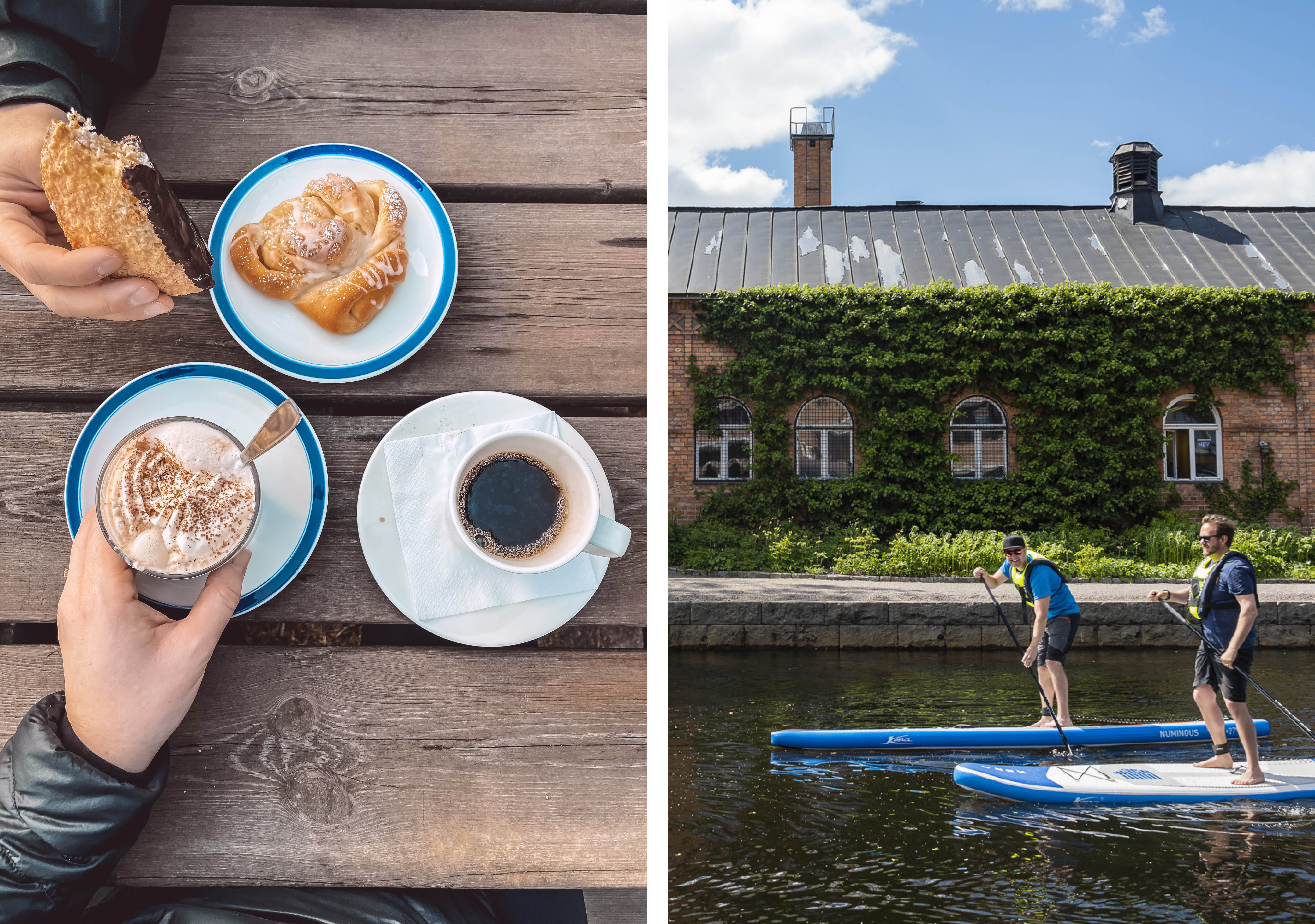Kaffe och gott fikabröd uppdukat på ett bord. SUPåkare paddlar fram på Faluån.