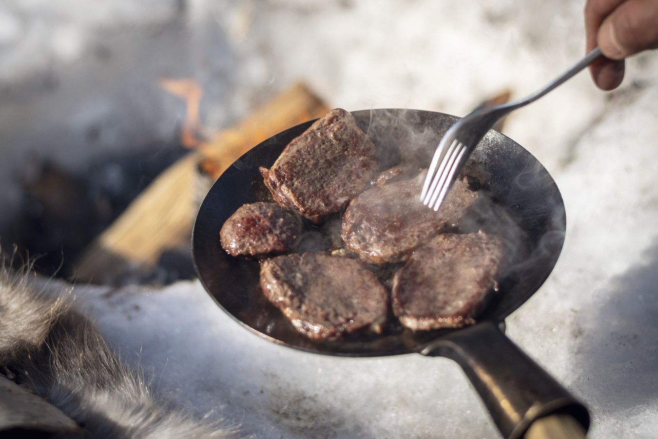 Renkött grillas över öppen eld.