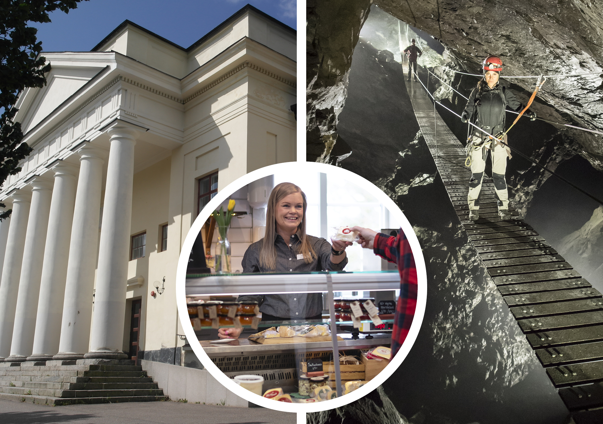 Cassels konserthus, Person som går Via Ferrata i Äventyrsgruvan och person som handlar i en gårdsbutik