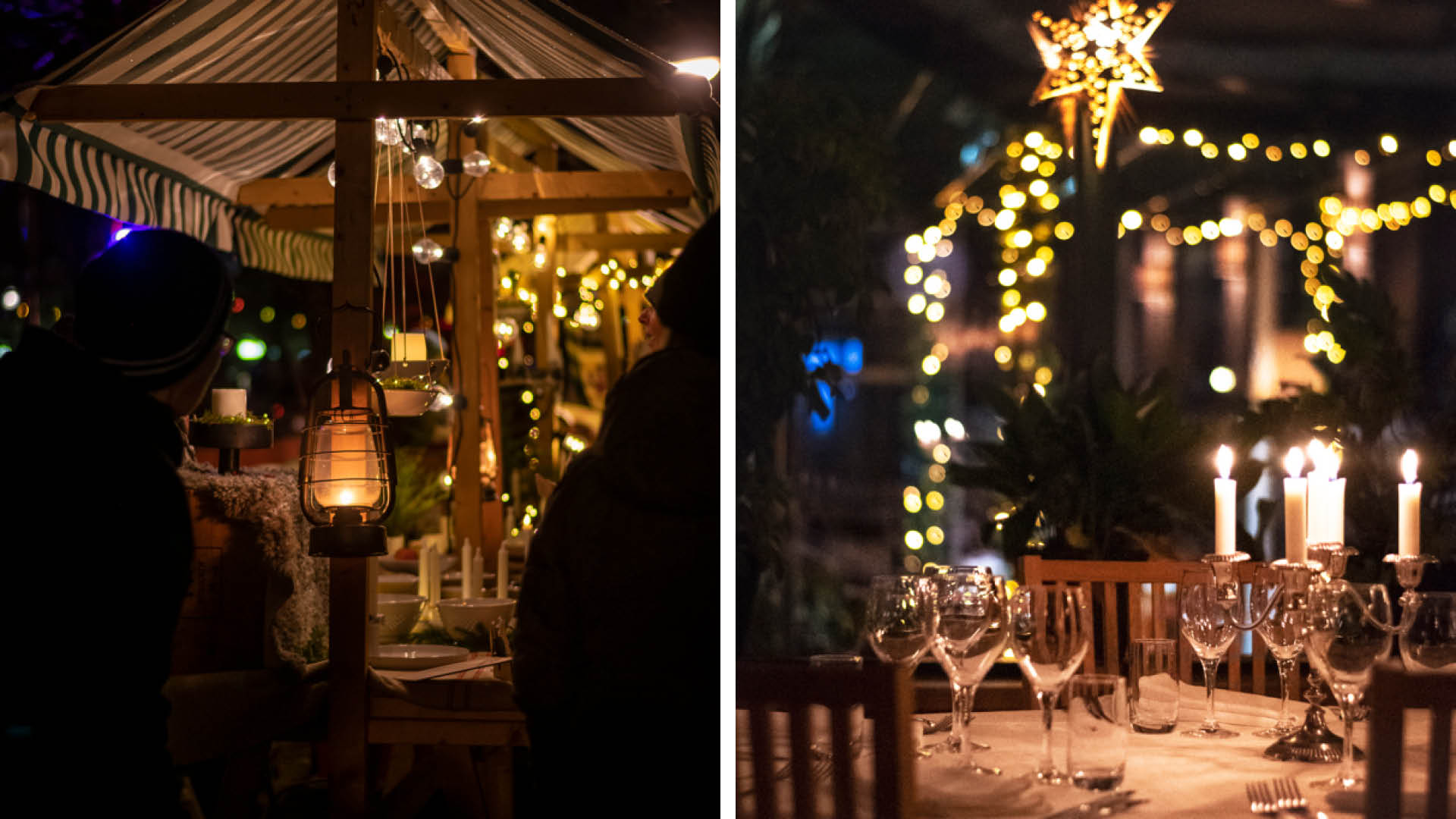 Julmarknad och uppdukad julmiddag.