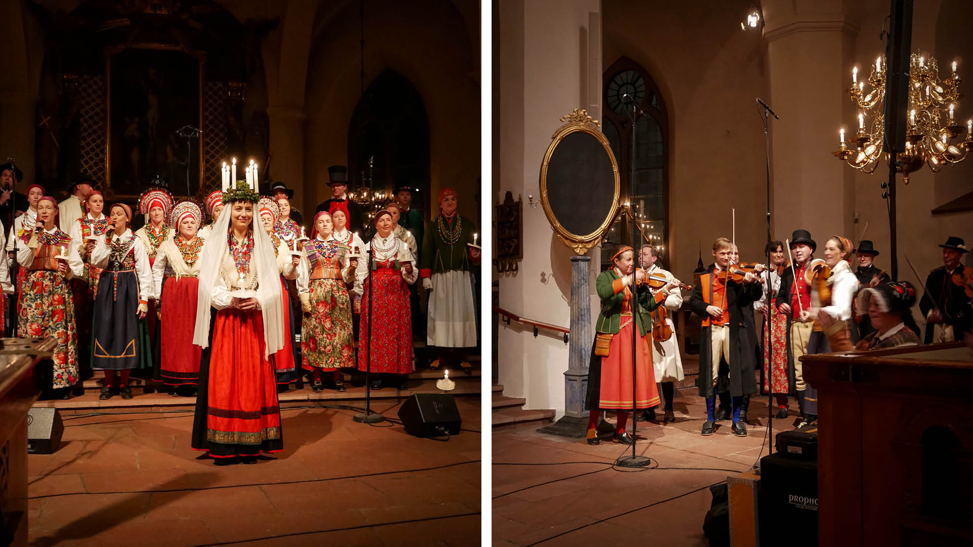 Lucia, kör och spelmän under Dalarnas Lussibrud i Mora kyrka.