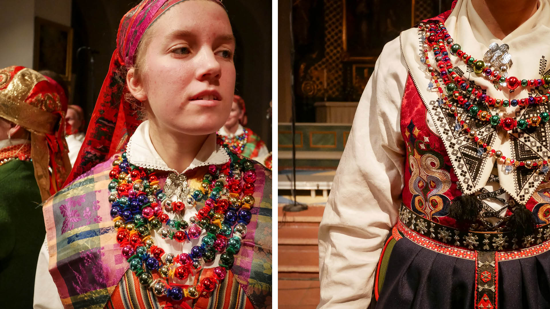 Folkdräkter med pärlor under Dalarnas Lussibrud.