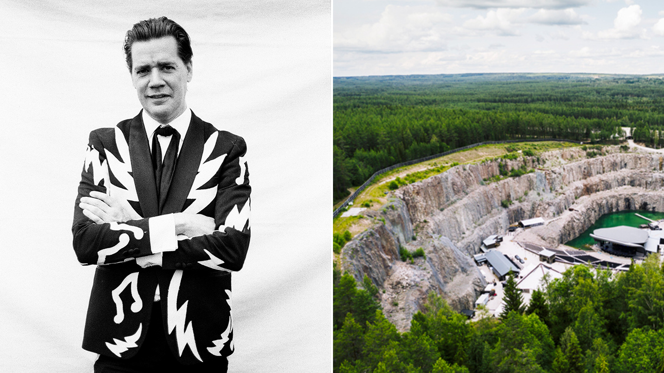 Collage: Pelle Almqvist från The Hives i svartvit kostym, kalkstensbrottet Dalhalla sett ovanifrån.
