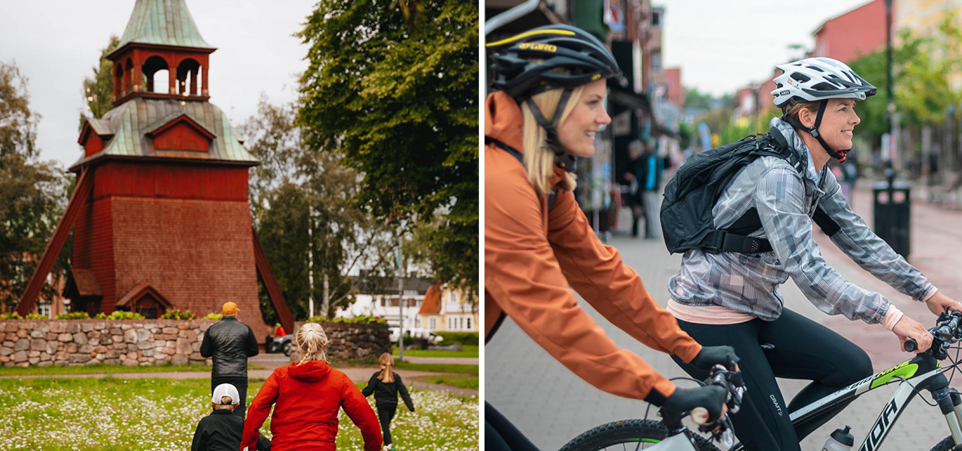 Collage: En familj springer mot en röd kyrka, ett par kvinnor cyklar i Mora centrum.