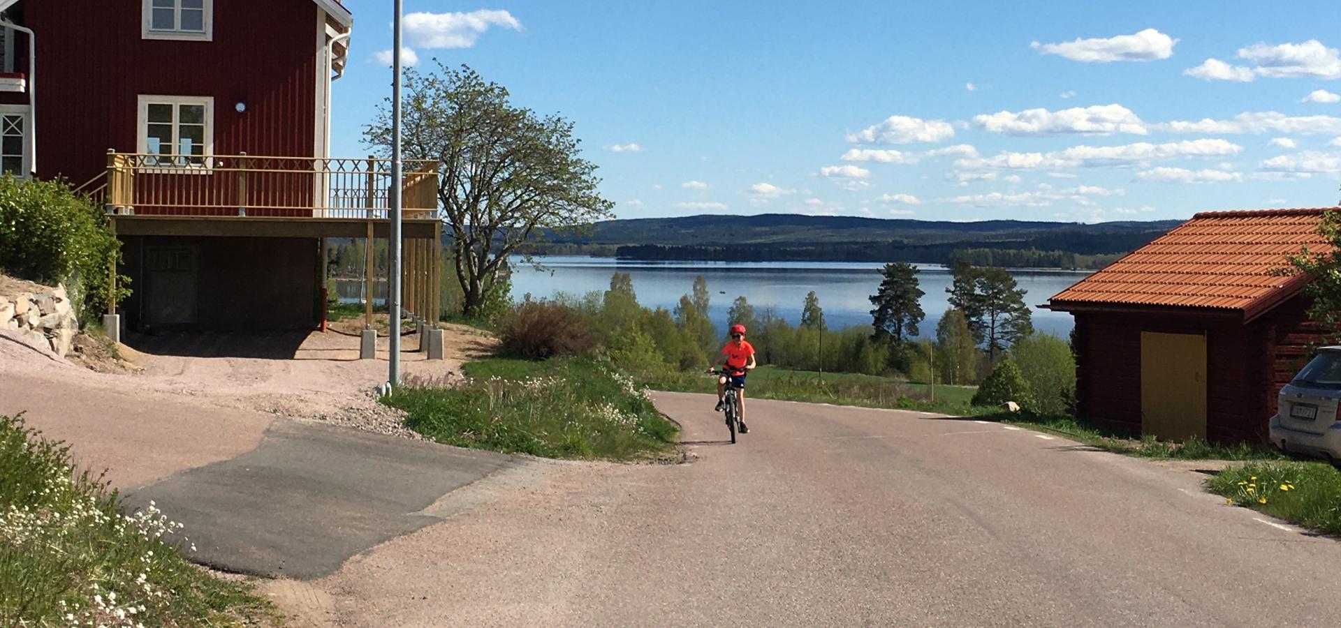Cyklist på landsväg i dalamiljö.