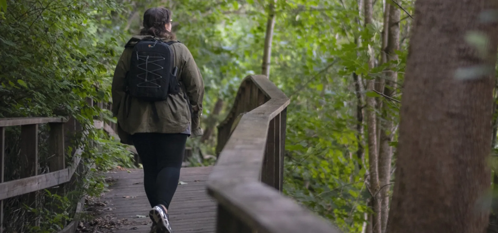 A woman walks on a wooden walkway along the Älvpromenaden in Avesta.