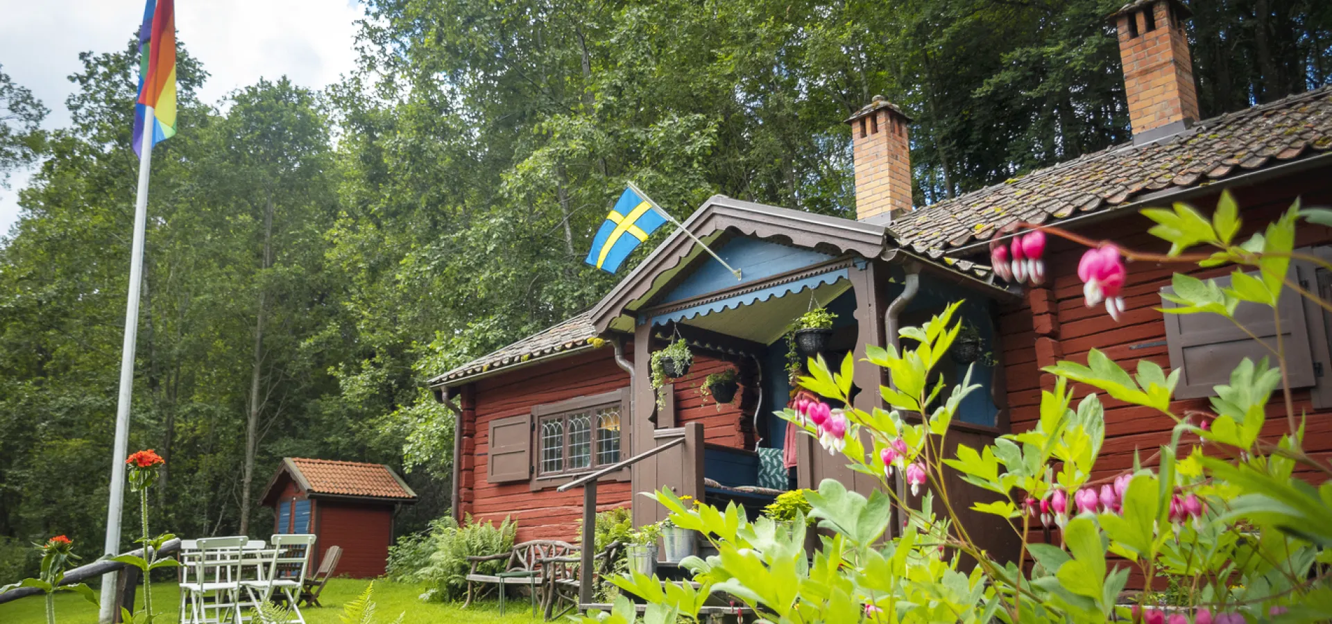 Faluröd timmerstuga i sommarlandskap.
