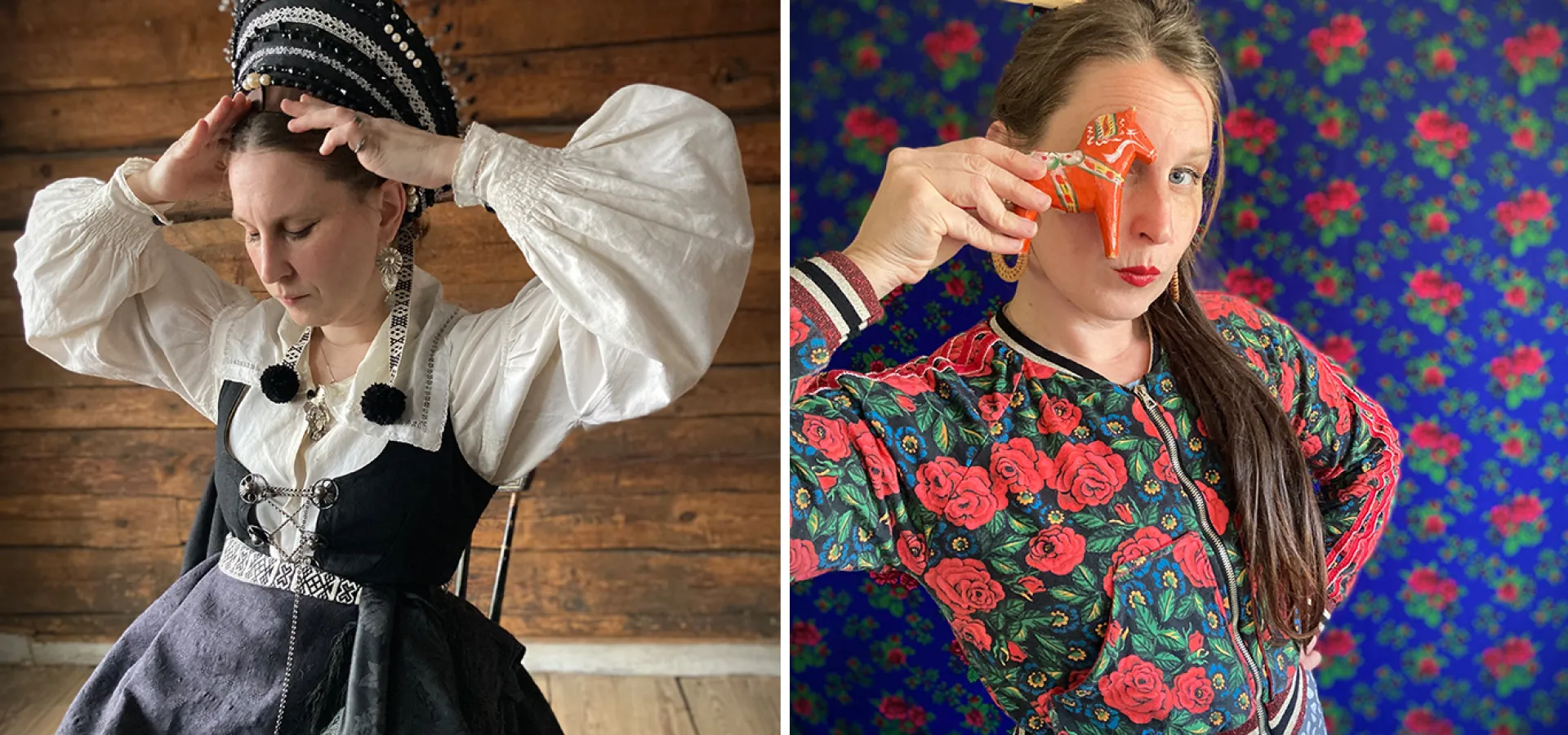 Collage: En kvinna i vit blus och dräkt med hatt, en kvinna håller en dalahäst framför ena ögat.