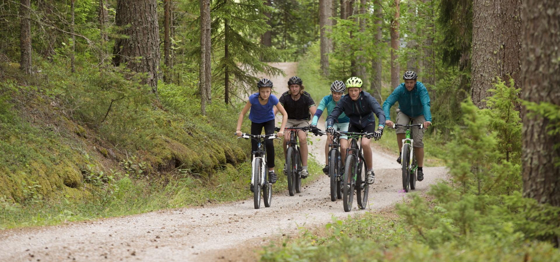 Familj cyklar i skogen.