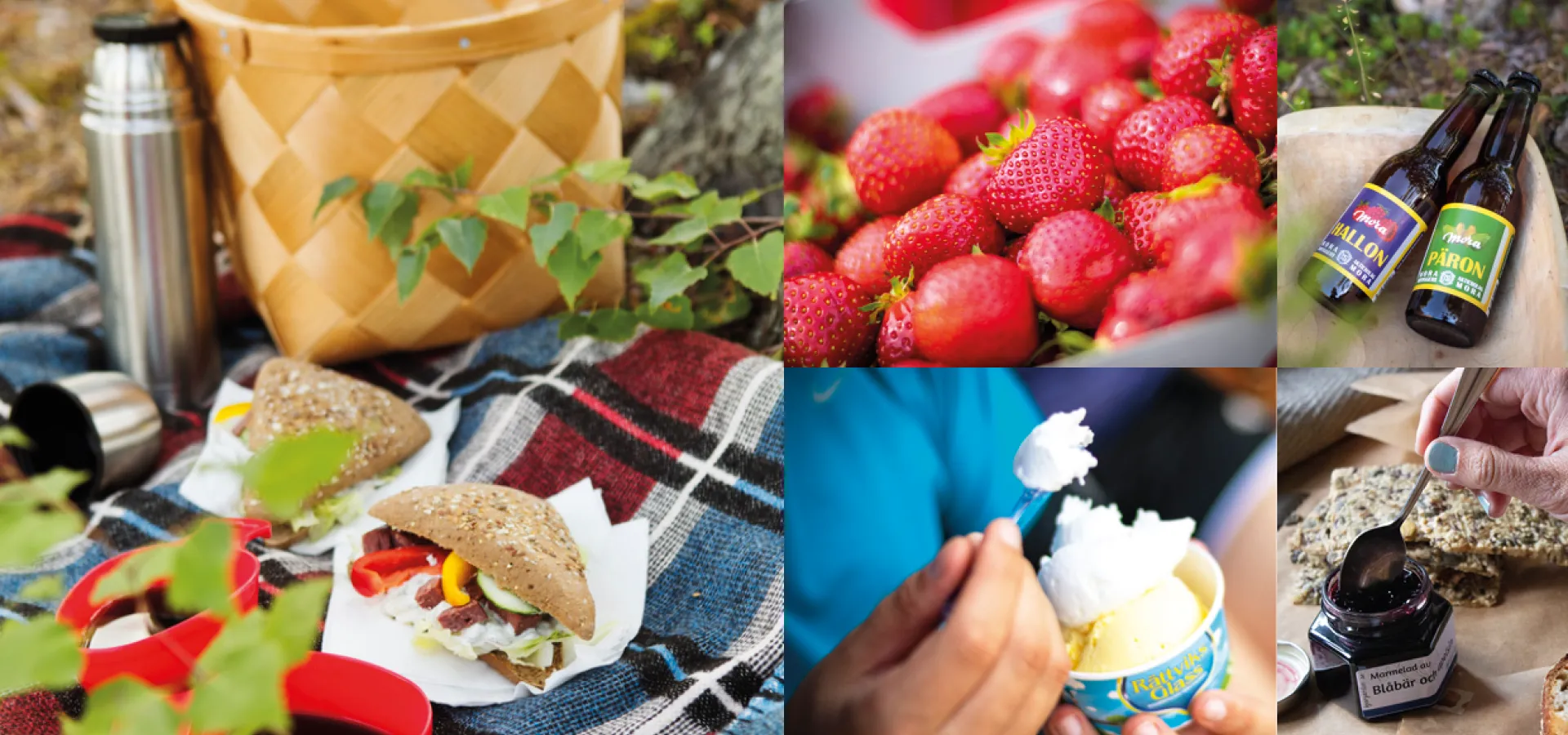Bild collage med picknick tillbehör.