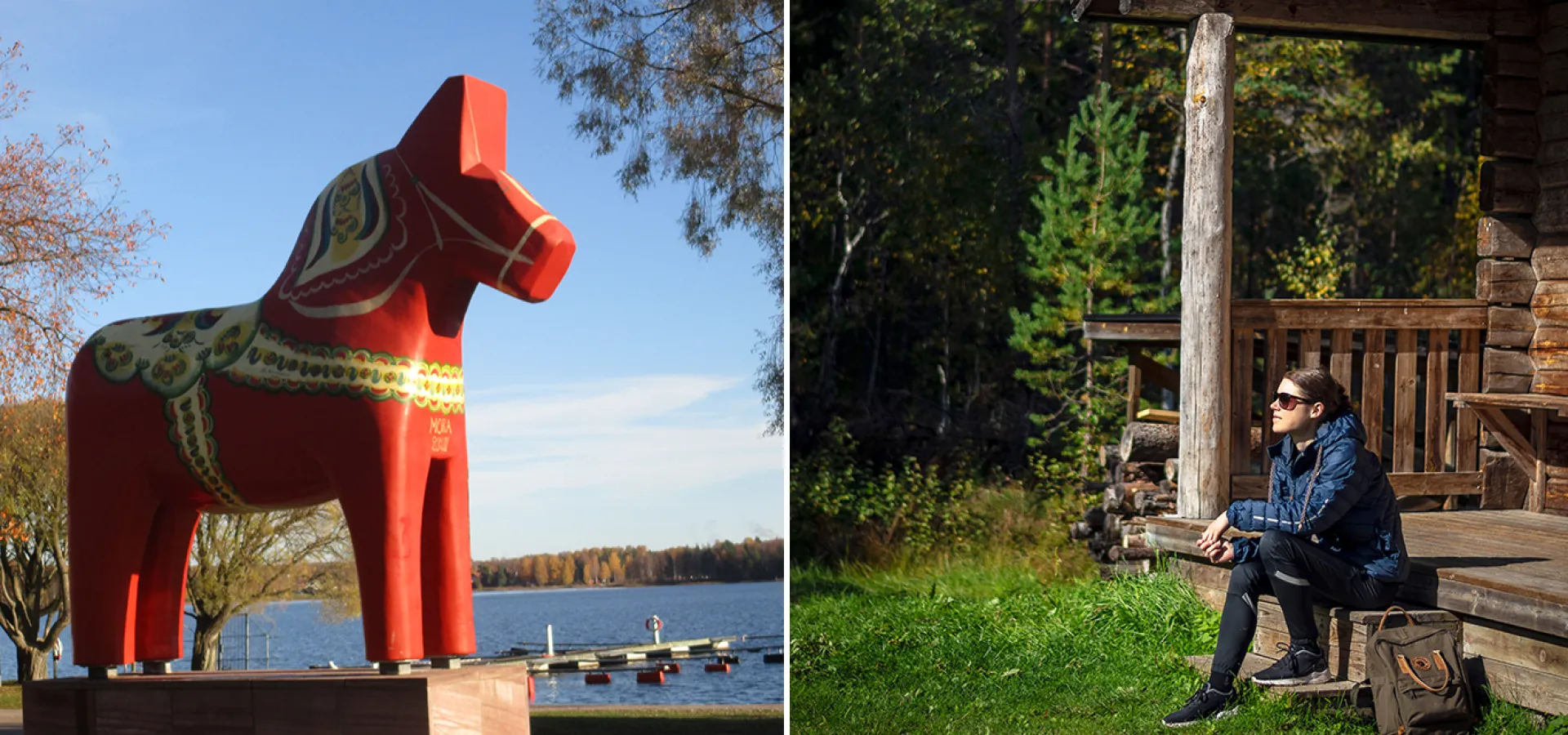 Collage: En stor dalahäst vid vatten, en kvinna sitter vid ett härbre i solen.