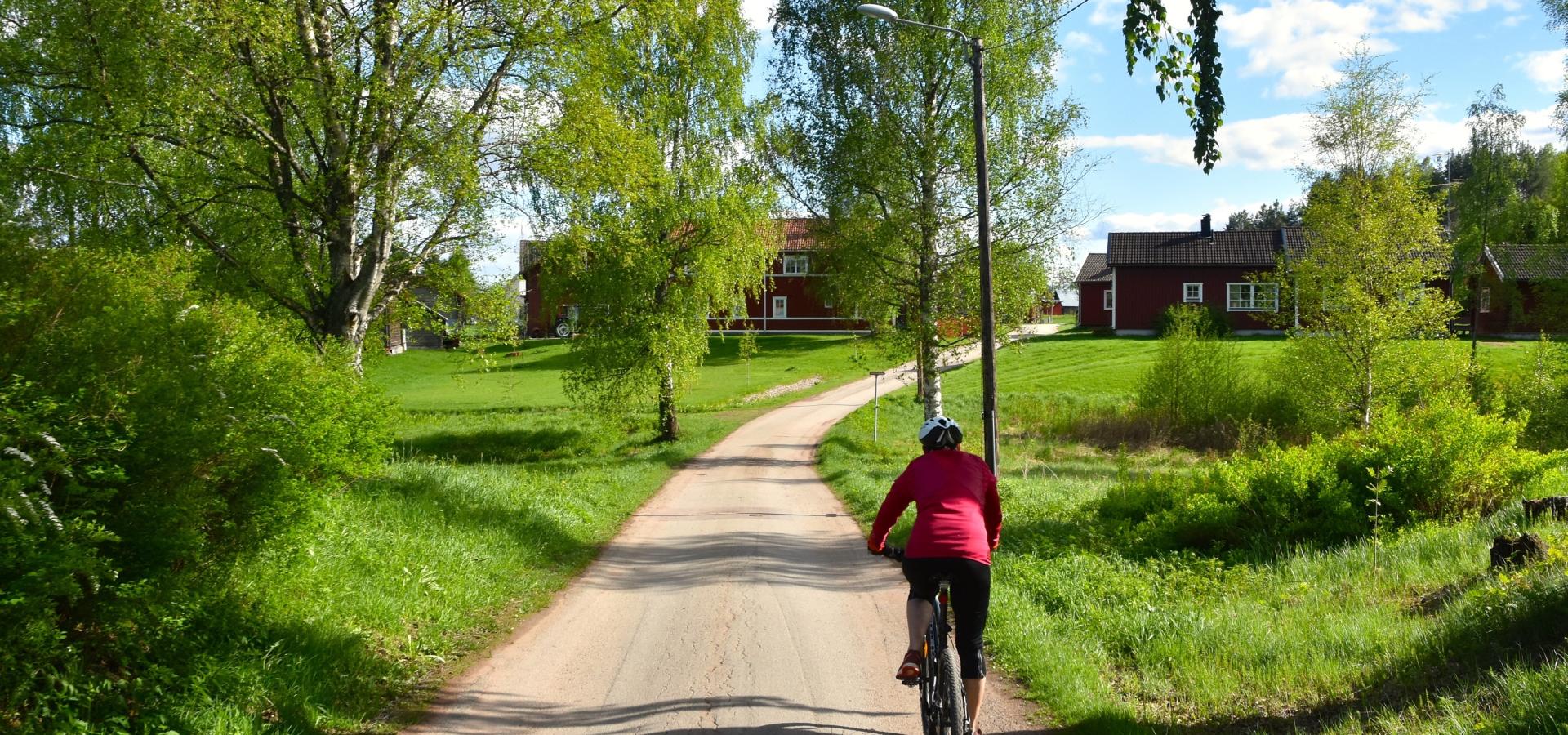Kvinna som cyklar längs en grusväg.