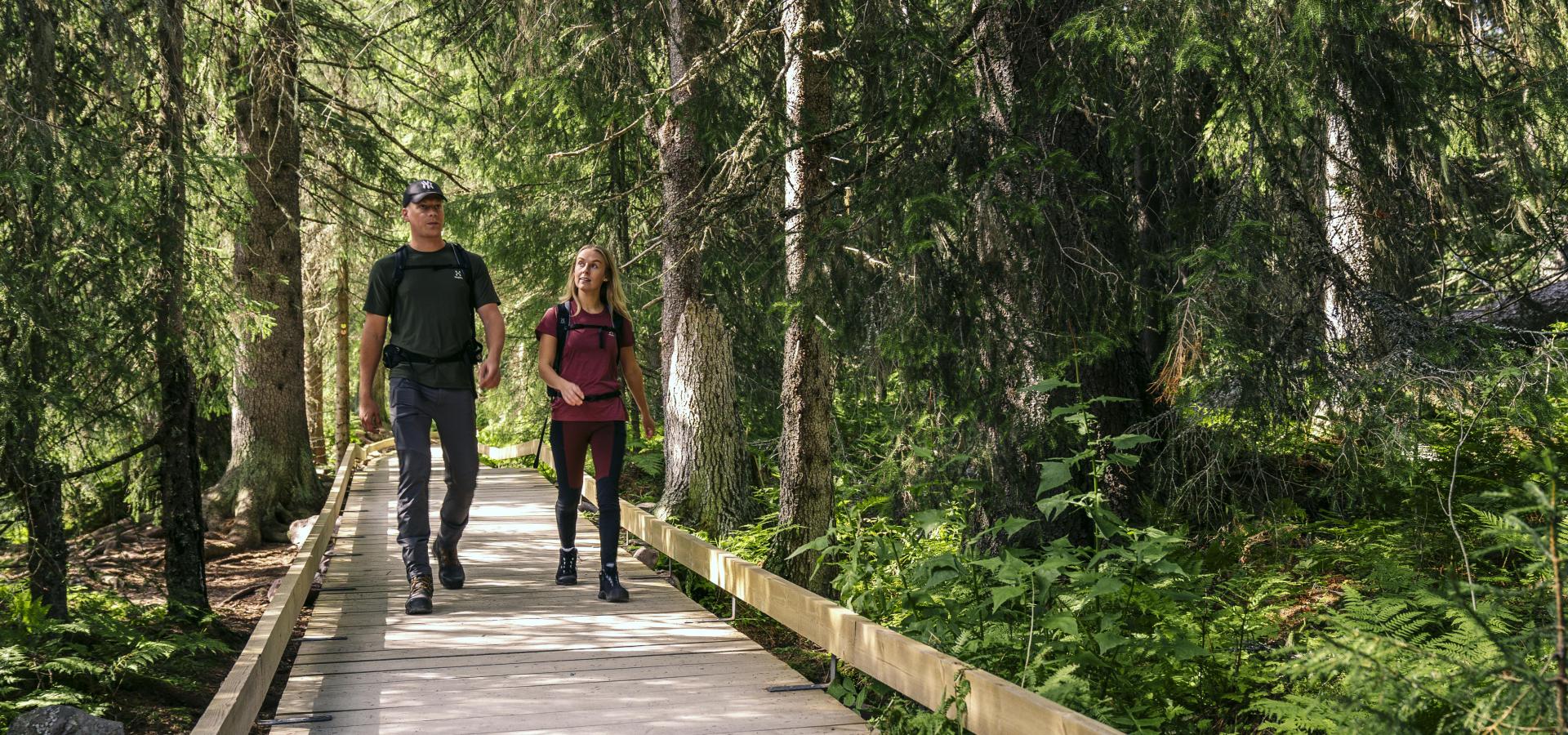 Man och kvinna vandrar i skog.